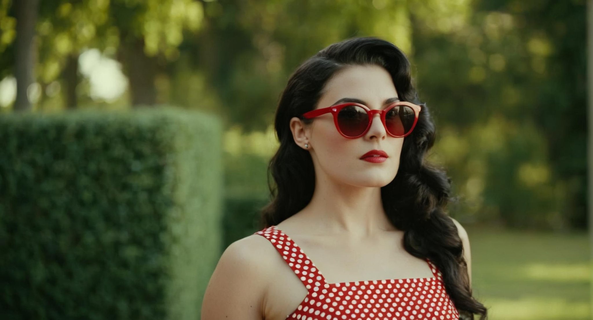 cinematic film still of  <lora:Retro:1> Grainy Cinematic Film stock footage in (arri alexa style) Kodak film print, a woman in a polka dot dress and red sunglasses retro style, shallow depth of field, vignette, highly detailed, high budget, bokeh, cinemascope, moody, epic, gorgeous, film grain, grainy