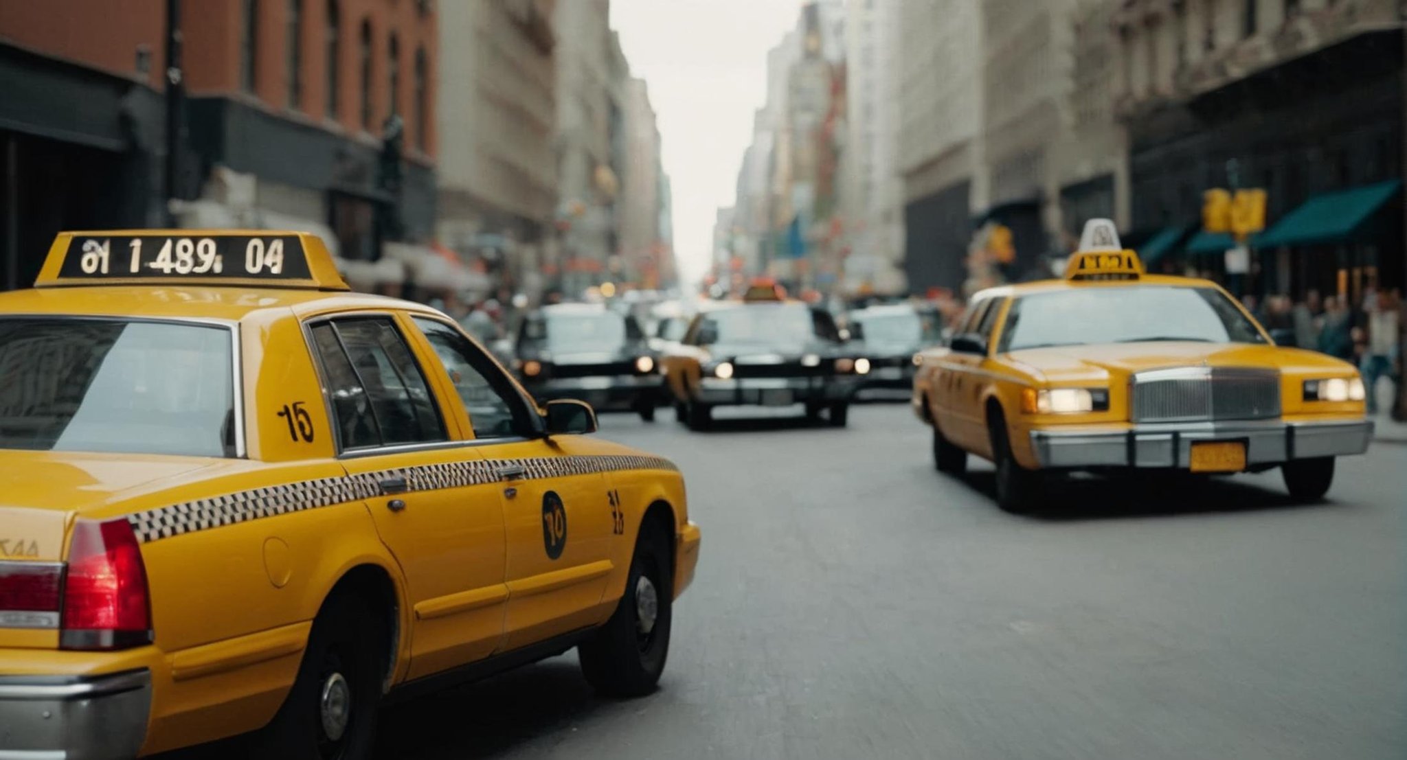 cinematic film still of  <lora:Retro:1> Grainy Cinematic Film stock footage in (arri alexa style) Kodak film print, a yellow taxi cab driving down a busy city street retro style, shallow depth of field, vignette, highly detailed, high budget, bokeh, cinemascope, moody, epic, gorgeous, film grain, grainy