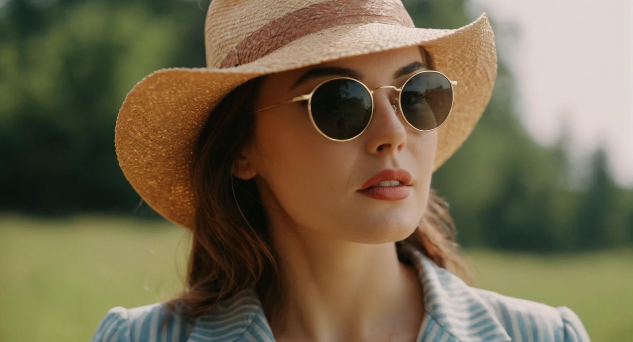 cinematic film still of  <lora:Retro:1> Grainy Cinematic Film stock footage in (arri alexa style) Kodak film print, a woman wearing a straw hat and sunglasses retro style, shallow depth of field, vignette, highly detailed, high budget, bokeh, cinemascope, moody, epic, gorgeous, film grain, grainy