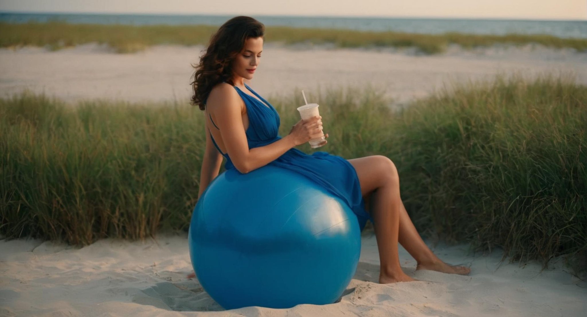 cinematic film still of  <lora:Retro:1> Grainy Cinematic Film stock footage in (arri alexa style) Kodak film print, a woman in a blue dress sitting on a beach ball retro style, shallow depth of field, vignette, highly detailed, high budget, bokeh, cinemascope, moody, epic, gorgeous, film grain, grainy