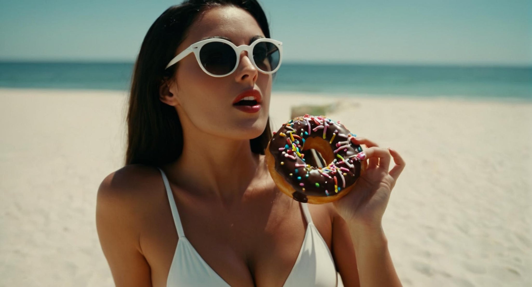 cinematic film still of  <lora:Retro:1> Grainy Cinematic Film stock footage in (arri alexa style) Kodak film print, a woman in a white bathing suit eating a donut retro style, shallow depth of field, vignette, highly detailed, high budget, bokeh, cinemascope, moody, epic, gorgeous, film grain, grainy