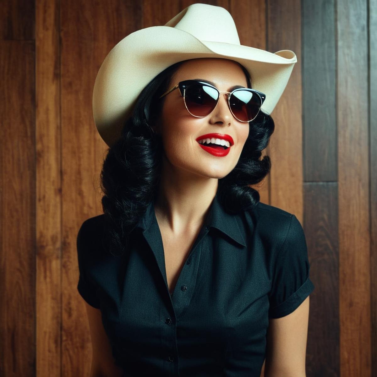 UHD, 4k, ultra detailed, cinematic, a photograph of  <lora:Retro Fashion style:1>a woman wearing a hat and sunglasses retro style,1girl,solo,long hair,smile,shirt,black hair,hat,white shirt,grin,makeup,sunglasses,lipstick,portrait,wooden floor,realistic,red lips,cowboy hat , model, modeling, retro, fashion, vintage, classic, 1950's, 1940's 1960's, different, colorful, different hair style, vivid, film noise, film grain, filmic, perfect, perfection, detailed, contrast, deep color, saturation, fashionista, retro fashion style, epic, beautiful lighting, inpsiring