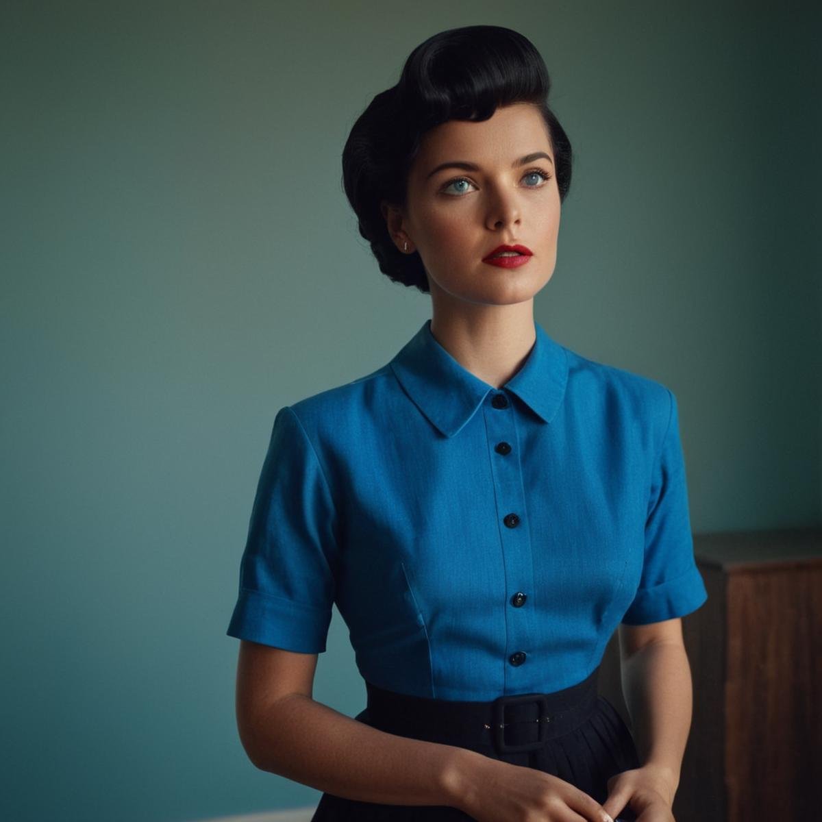 UHD, 4k, ultra detailed, cinematic, a photograph of  <lora:Retro Fashion style:1>a woman in a blue dress standing in a room retro style,solo,short hair,blue eyes,shirt,black hair,1boy,closed mouth,upper body,male focus,looking to the side,blue shirt,realistic , model, modeling, retro, fashion, vintage, classic, 1950's, 1940's 1960's, different, colorful, different hair style, vivid, film noise, film grain, filmic, perfect, perfection, detailed, contrast, deep color, saturation, fashionista, retro fashion style, epic, beautiful lighting, inpsiring