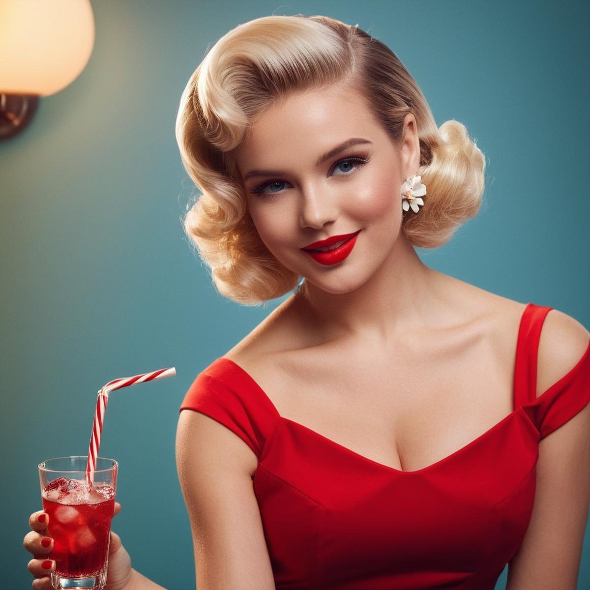 UHD, 4k, ultra detailed, cinematic, a photograph of  <lora:Retro Fashion style:1>a woman in a red dress holding a drink retro style,1girl,solo,breasts,looking at viewer,smile,short hair,blue eyes,blonde hair,hair ornament,dress,holding,bare shoulders,upper body,flower,hair flower,water,cup,makeup,red dress,lipstick,drinking straw,realistic,red lips , model, modeling, retro, fashion, vintage, classic, 1950's, 1940's 1960's, different, colorful, different hair style, vivid, film noise, film grain, filmic, perfect, perfection, detailed, contrast, deep color, saturation, fashionista, retro fashion style, epic, beautiful lighting, inpsiring