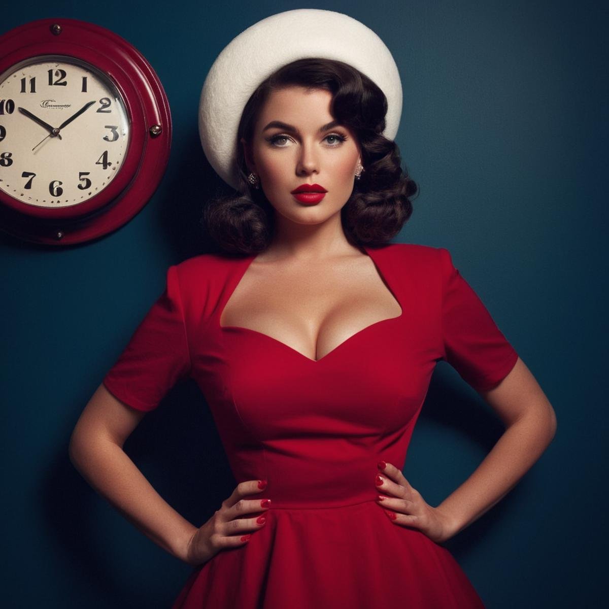 UHD, 4k, ultra detailed, cinematic, a photograph of  <lora:Retro Fashion style:1>a woman in a red dress with a white hat retro style,1girl,solo,breasts,looking at viewer,blue eyes,large breasts,brown hair,black hair,cleavage,upper body,short sleeves,blurry,lips,curly hair,realistic,clock,red lips,wall clock , model, modeling, retro, fashion, vintage, classic, 1950's, 1940's 1960's, different, colorful, different hair style, vivid, film noise, film grain, filmic, perfect, perfection, detailed, contrast, deep color, saturation, fashionista, retro fashion style, epic, beautiful lighting, inpsiring