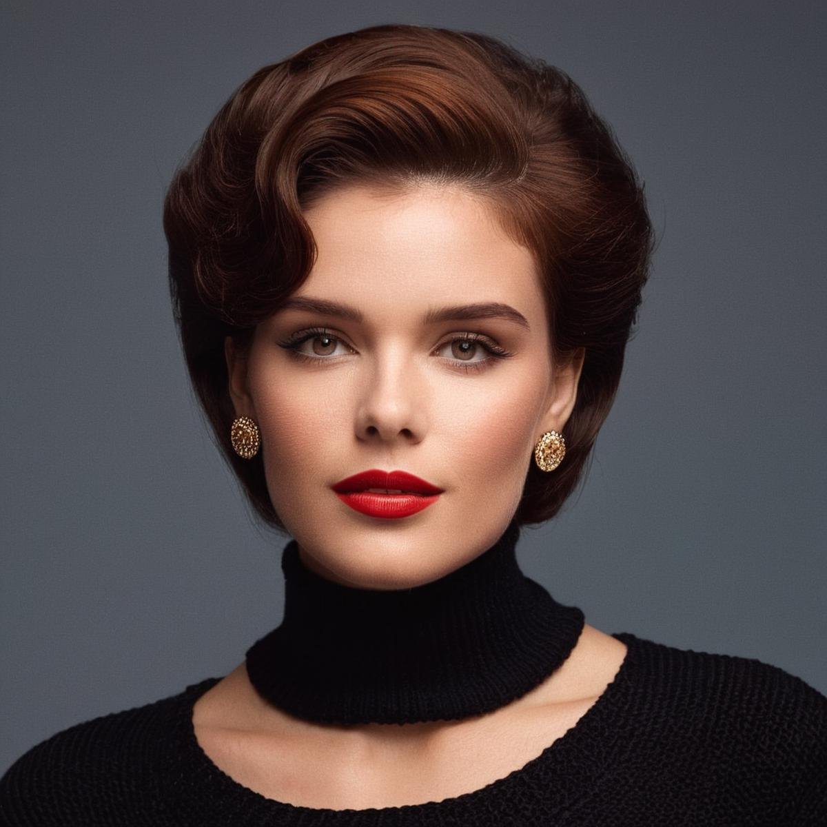 UHD, 4k, ultra detailed, cinematic, a photograph of  <lora:Retro Fashion style:1>a woman in a black turtle neck sweater retro style,1girl,solo,looking at viewer,short hair,brown hair,brown eyes,jewelry,upper body,earrings,sweater,lips,turtleneck,realistic,black sweater , model, modeling, retro, fashion, vintage, classic, 1950's, 1940's 1960's, different, colorful, different hair style, vivid, film noise, film grain, filmic, perfect, perfection, detailed, contrast, deep color, saturation, fashionista, retro fashion style, epic, beautiful lighting, inpsiring