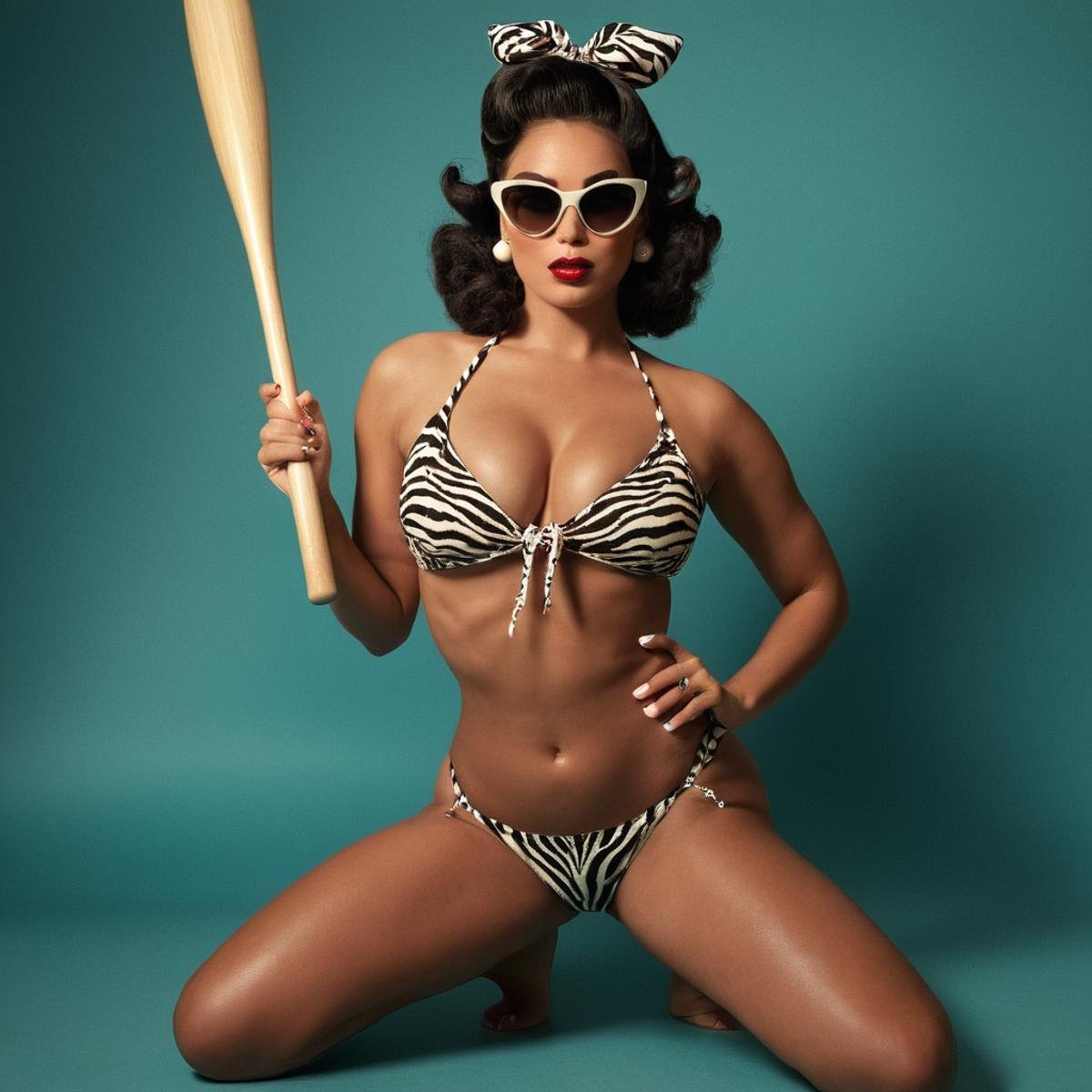 UHD, 4k, ultra detailed, cinematic, a photograph of  <lora:Retro Fashion style:1>a woman in a zebra print bikini holding a baseball bat retro style,1girl,solo,breasts,large breasts,black hair,cleavage,jewelry,hairband,earrings,barefoot,bracelet,hand on hip,kneeling,sunglasses,animal print,realistic,tiger print,afro , model, modeling, retro, fashion, vintage, classic, 1950's, 1940's 1960's, different, colorful, different hair style, vivid, film noise, film grain, filmic, perfect, perfection, detailed, contrast, deep color, saturation, fashionista, retro fashion style, epic, beautiful lighting, inpsiring