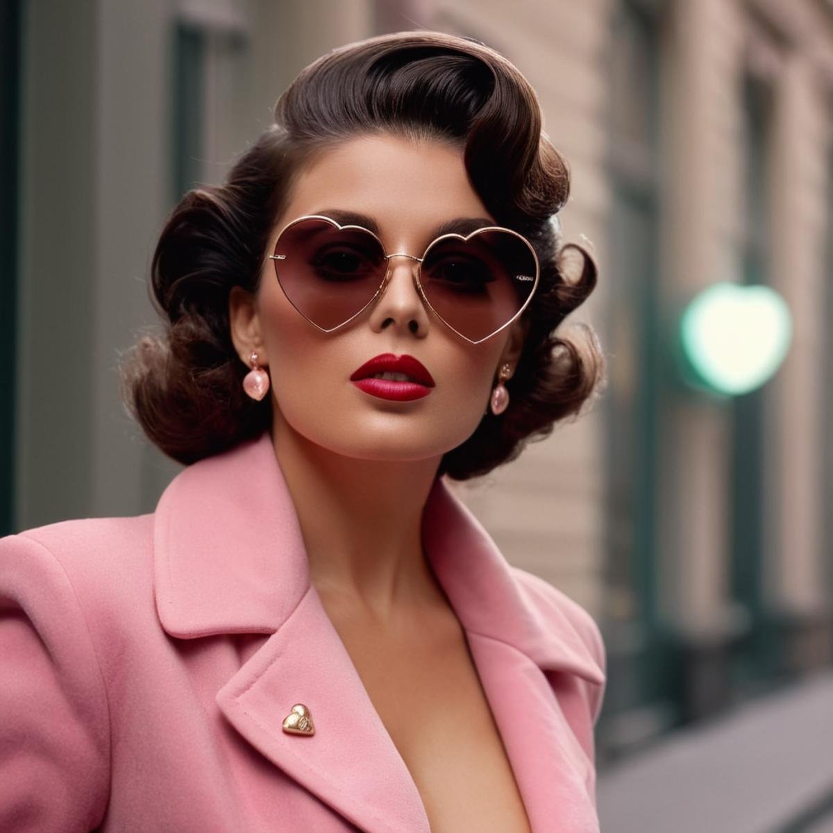 UHD, 4k, ultra detailed, cinematic, a photograph of  <lora:Retro Fashion style:1>a woman with a pink jacket and sunglasses retro style,1girl,solo,breasts,large breasts,brown hair,jewelry,heart,open clothes,nail polish,mole,lips,no bra,sunglasses,ring,mole under mouth,realistic,heart-shaped eyewear , model, modeling, retro, fashion, vintage, classic, 1950's, 1940's 1960's, different, colorful, different hair style, vivid, film noise, film grain, filmic, perfect, perfection, detailed, contrast, deep color, saturation, fashionista, retro fashion style, epic, beautiful lighting, inpsiring