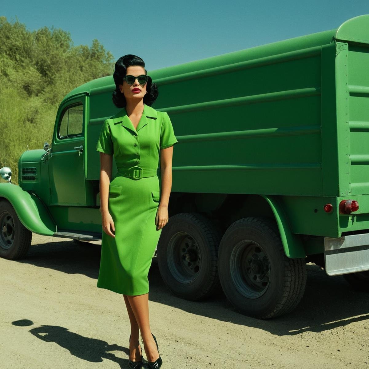 UHD, 4k, ultra detailed, cinematic, a photograph of  <lora:Retro Fashion style:1>a woman in a green dress standing in front of a green truck retro style,solo,black hair,1boy,standing,full body,male focus,outdoors,sky,day,high heels,sunglasses,ground vehicle,motor vehicle,realistic,car , model, modeling, retro, fashion, vintage, classic, 1950's, 1940's 1960's, different, colorful, different hair style, vivid, film noise, film grain, filmic, perfect, perfection, detailed, contrast, deep color, saturation, fashionista, retro fashion style, epic, beautiful lighting, inpsiring