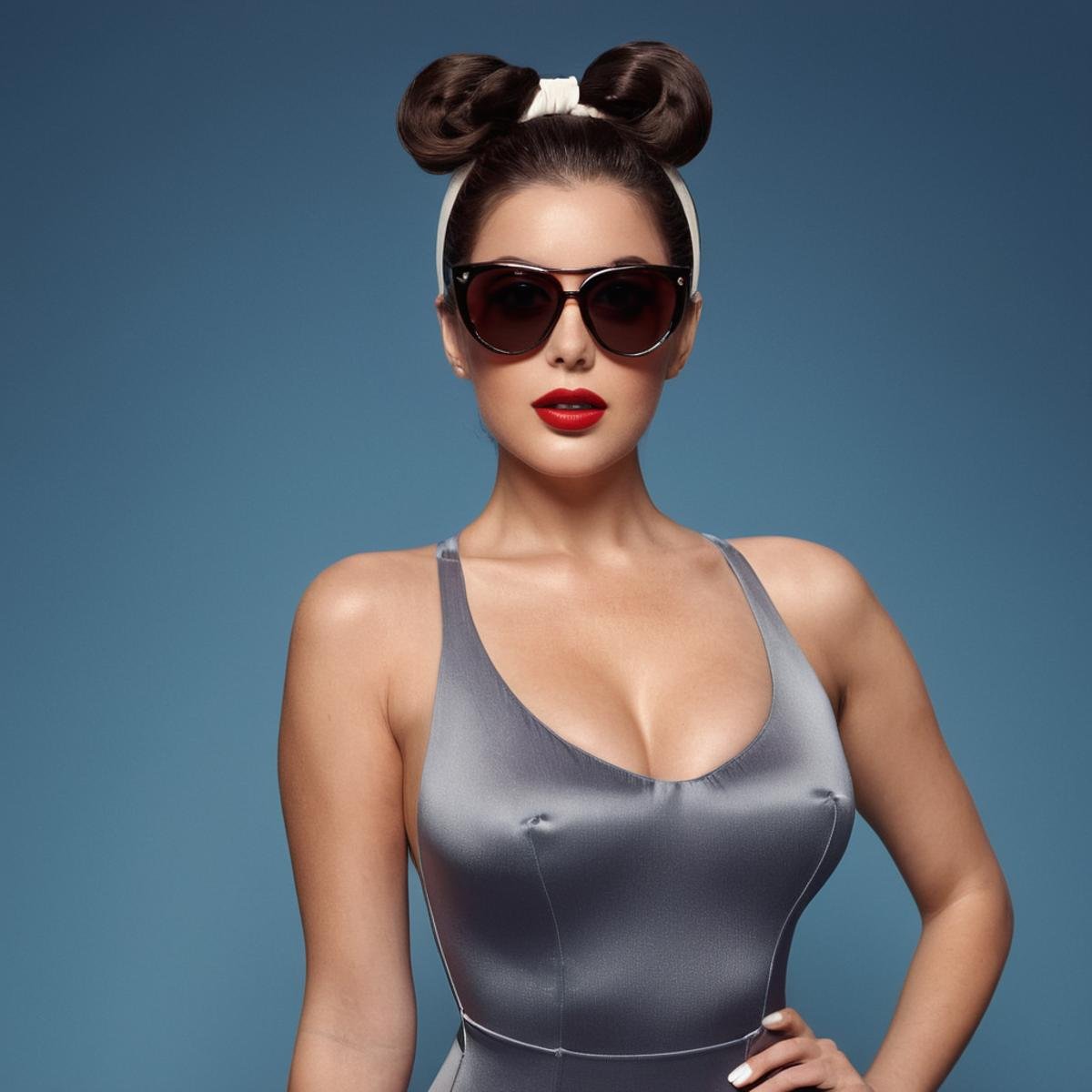 UHD, 4k, ultra detailed, cinematic, a photograph of  <lora:Retro Fashion style:1>a woman in a gray bodysuit and sunglasses retro style,1girl,solo,breasts,looking at viewer,blue eyes,brown hair,black hair,cleavage,twintails,medium breasts,swimsuit,side ponytail,lips,one-piece swimsuit,headband,sunglasses,realistic,adjusting eyewear , model, modeling, retro, fashion, vintage, classic, 1950's, 1940's 1960's, different, colorful, different hair style, vivid, film noise, film grain, filmic, perfect, perfection, detailed, contrast, deep color, saturation, fashionista, retro fashion style, epic, beautiful lighting, inpsiring