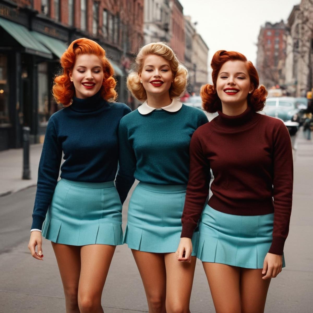 UHD, 4k, ultra detailed, cinematic, a photograph of  <lora:Retro Fashion style:1>three women in short skirts are standing on a sidewalk retro style,smile,multiple girls,skirt,blonde hair,1boy,2girls,closed eyes,pantyhose,orange hair,sweater,turtleneck,siblings,realistic , model, modeling, retro, fashion, vintage, classic, 1950's, 1940's 1960's, different, colorful, different hair style, vivid, film noise, film grain, filmic, perfect, perfection, detailed, contrast, deep color, saturation, fashionista, retro fashion style, epic, beautiful lighting, inpsiring