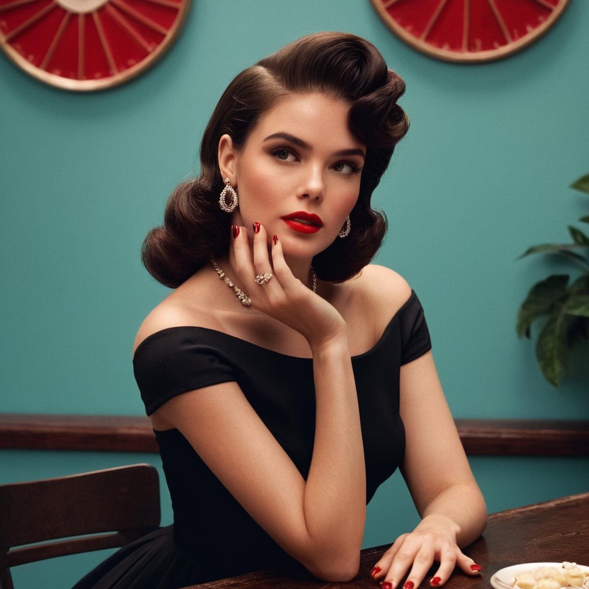 UHD, 4k, ultra detailed, cinematic, a photograph of  <lora:Retro Fashion style:1>a woman in a black dress sitting at a table retro style,1girl,solo,brown hair,dress,bare shoulders,jewelry,upper body,earrings,parted lips,signature,nail polish,mole,black dress,lips,strapless,blood,ring,plant,strapless dress,red nails,hoop earrings,realistic , model, modeling, retro, fashion, vintage, classic, 1950's, 1940's 1960's, different, colorful, different hair style, vivid, film noise, film grain, filmic, perfect, perfection, detailed, contrast, deep color, saturation, fashionista, retro fashion style, epic, beautiful lighting, inpsiring