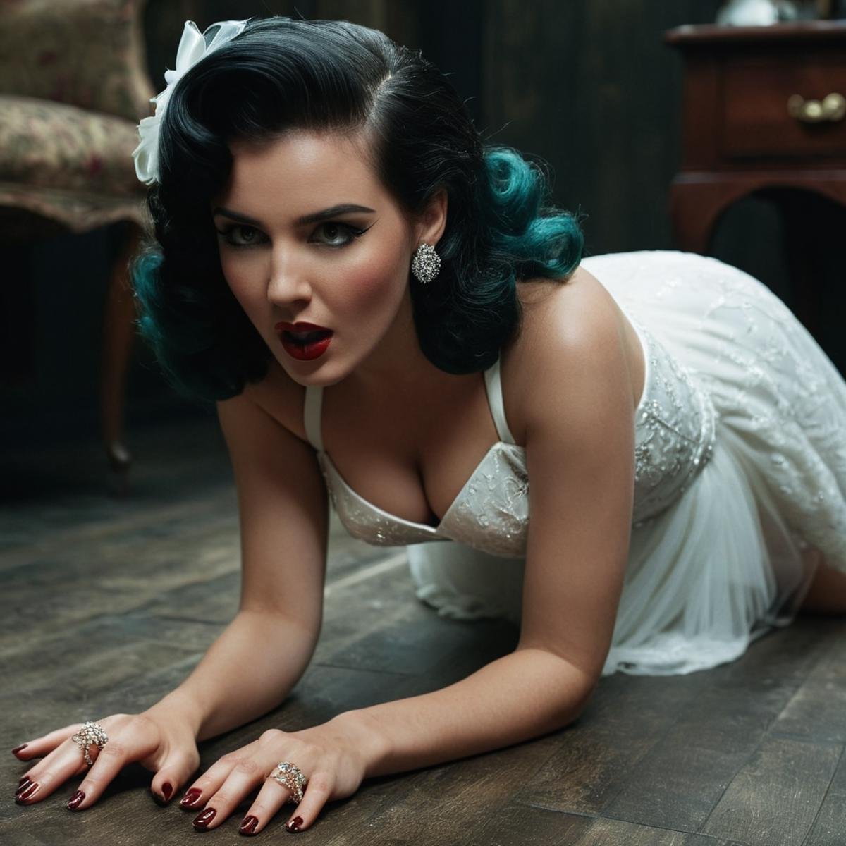 UHD, 4k, ultra detailed, cinematic, a photograph of  <lora:Retro Fashion style:1>a woman in a white dress is crawling on the floor retro style,1girl,solo,breasts,open mouth,black hair,dress,cleavage,jewelry,nail polish,blood,ring,black nails,realistic,horror (theme) , model, modeling, retro, fashion, vintage, classic, 1950's, 1940's 1960's, different, colorful, different hair style, vivid, film noise, film grain, filmic, perfect, perfection, detailed, contrast, deep color, saturation, fashionista, retro fashion style, epic, beautiful lighting, inpsiring