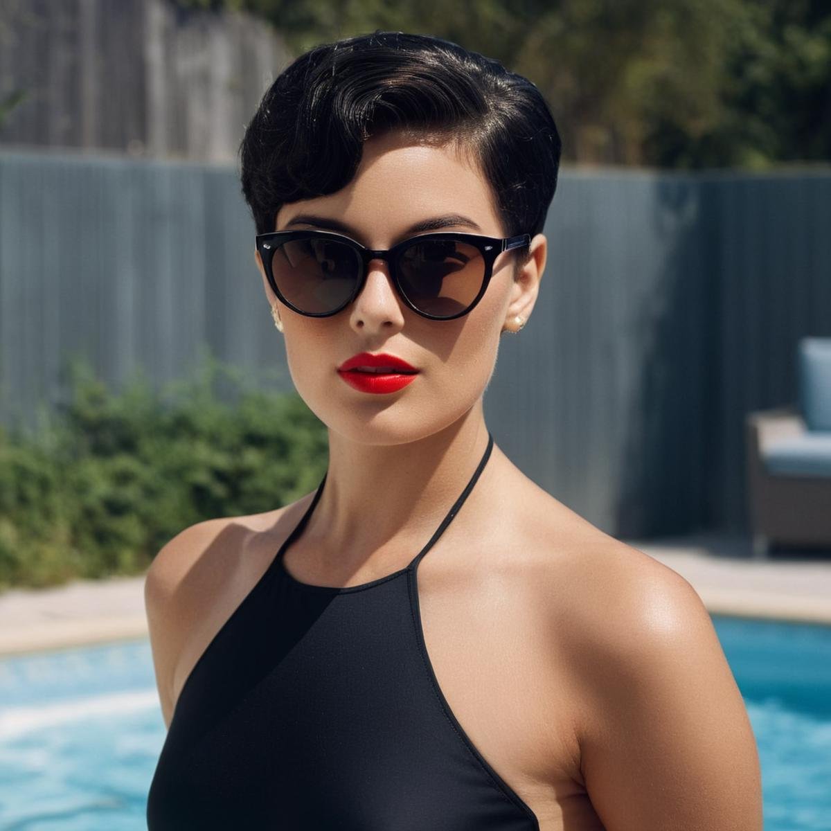 UHD, 4k, ultra detailed, cinematic, a photograph of  <lora:Retro Fashion style:1>a woman in a black swimsuit and sunglasses retro style,solo,looking at viewer,short hair,black hair,1boy,collarbone,swimsuit,male focus,cowboy shot,parted lips,head tilt,one-piece swimsuit,sunglasses,realistic,round eyewear,black one-piece swimsuit,very short hair , model, modeling, retro, fashion, vintage, classic, 1950's, 1940's 1960's, different, colorful, different hair style, vivid, film noise, film grain, filmic, perfect, perfection, detailed, contrast, deep color, saturation, fashionista, retro fashion style, epic, beautiful lighting, inpsiring