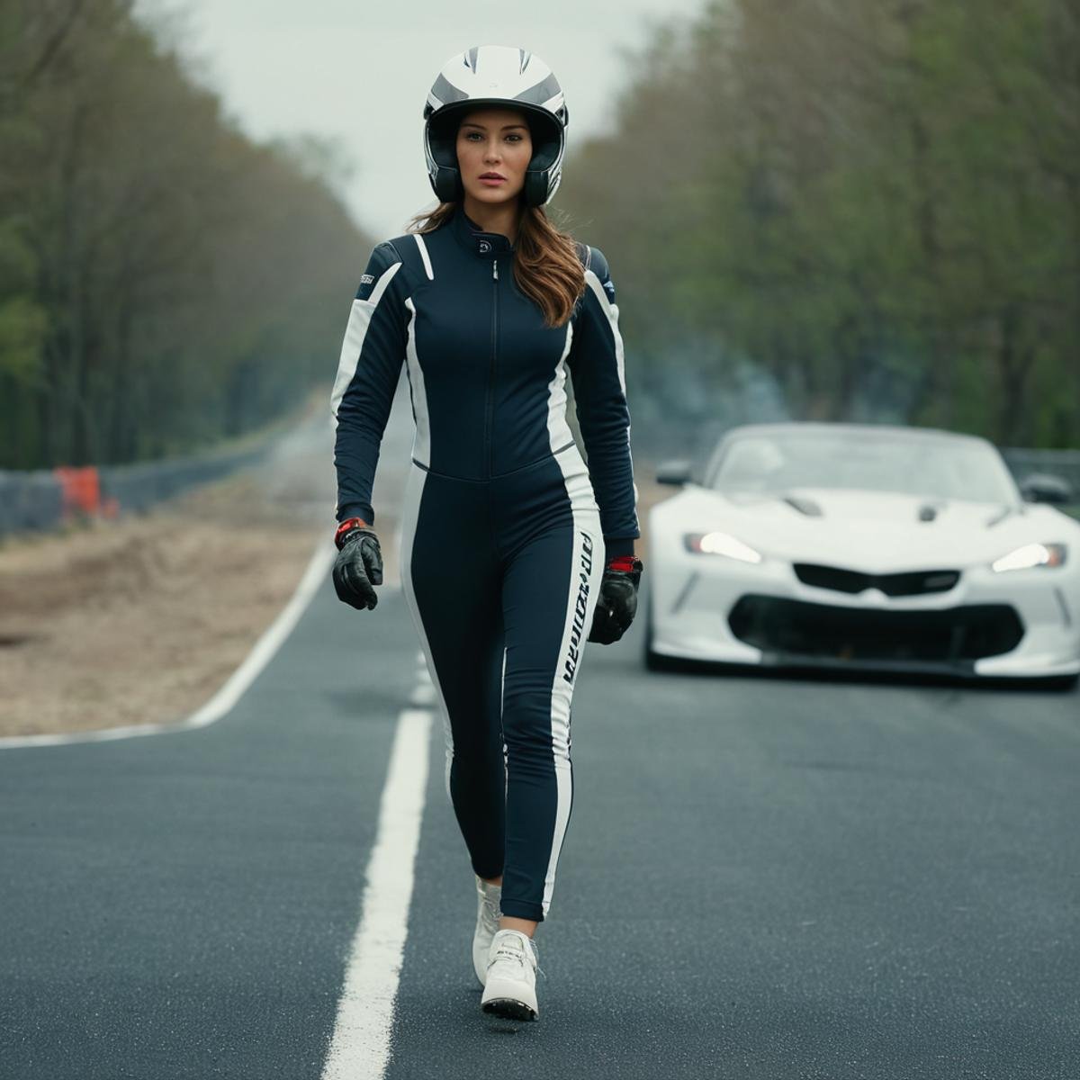 cinematic film still of  <lora:casting shadow style v2:0.9> <lora:Unreal Engine style:0.3>a woman in a racing suit walking on a track,1girl,solo,brown hair,gloves,holding,standing,full body,outdoors,shoes,pants,fingerless gloves,medium hair,blurry,blurry background,black pants,white footwear,helmet,sneakers,headwear removed,realistic,helmet removed , impact, crash, explosion, destruction, strike, wreck, smash, exploding cars, wrecked cars, cinematic shot, film, different color, real, collision, road rage, sport cars, sports car, car race, dismembering, falling, flying, accident, disaster, cinematic explosion, chaos, disintegration, high speed, vehicle, different sports car, flying debris, Muzzle blast, broken glass, sports car style, shallow depth of field, vignette, highly detailed, high budget, bokeh, cinemascope, moody, epic, gorgeous, film grain, grainy