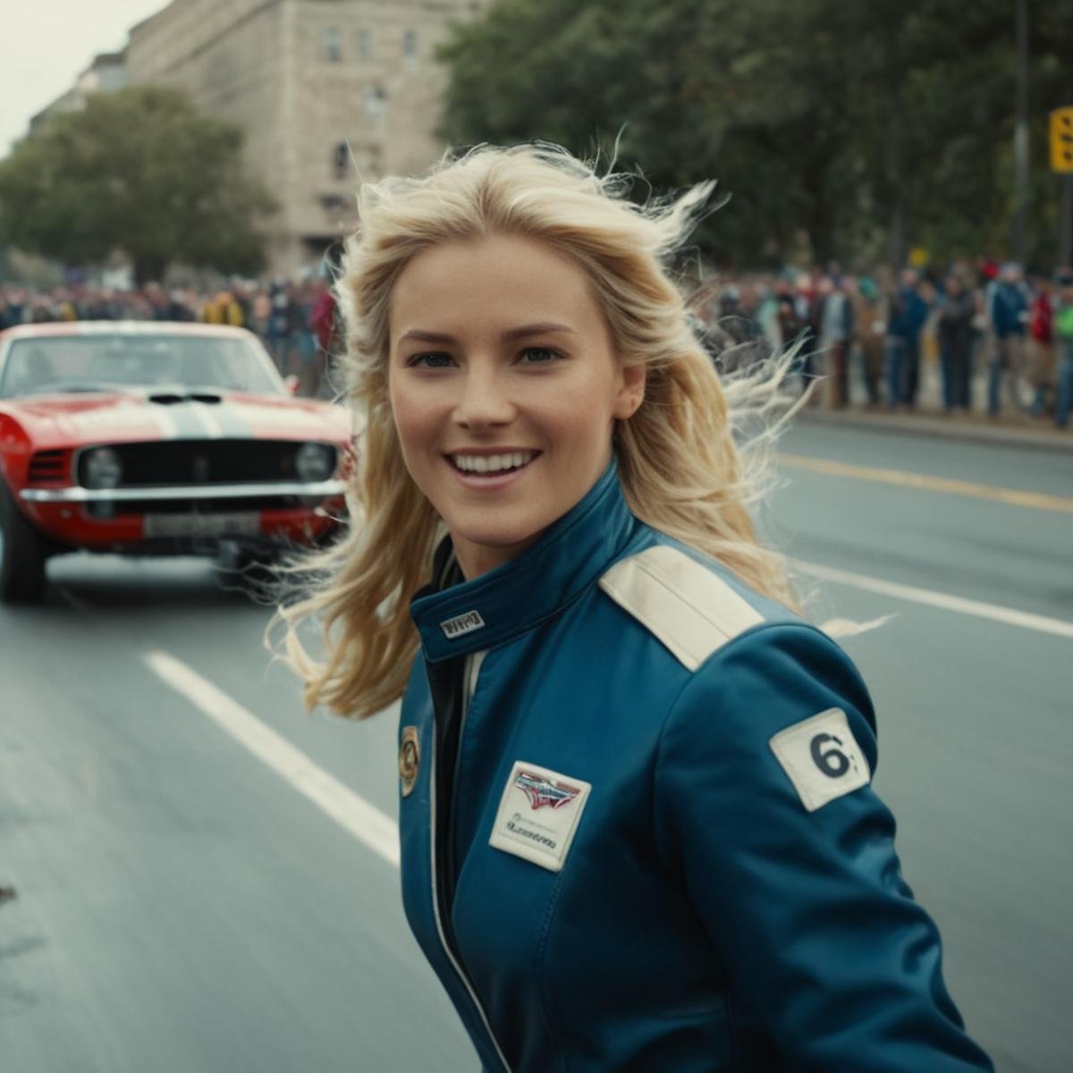 cinematic film still of  <lora:casting shadow style v2:0.9> <lora:Unreal Engine style:0.3>a woman in a racing uniform waves to the crowd,solo,long hair,smile,blonde hair,1boy,jacket,upper body,male focus,teeth,grin,helmet,headwear removed,realistic , impact, crash, explosion, destruction, strike, wreck, smash, exploding cars, wrecked cars, cinematic shot, film, different color, real, collision, road rage, sport cars, sports car, car race, dismembering, falling, flying, accident, disaster, cinematic explosion, chaos, disintegration, high speed, vehicle, different sports car, flying debris, Muzzle blast, broken glass, sports car style, shallow depth of field, vignette, highly detailed, high budget, bokeh, cinemascope, moody, epic, gorgeous, film grain, grainy