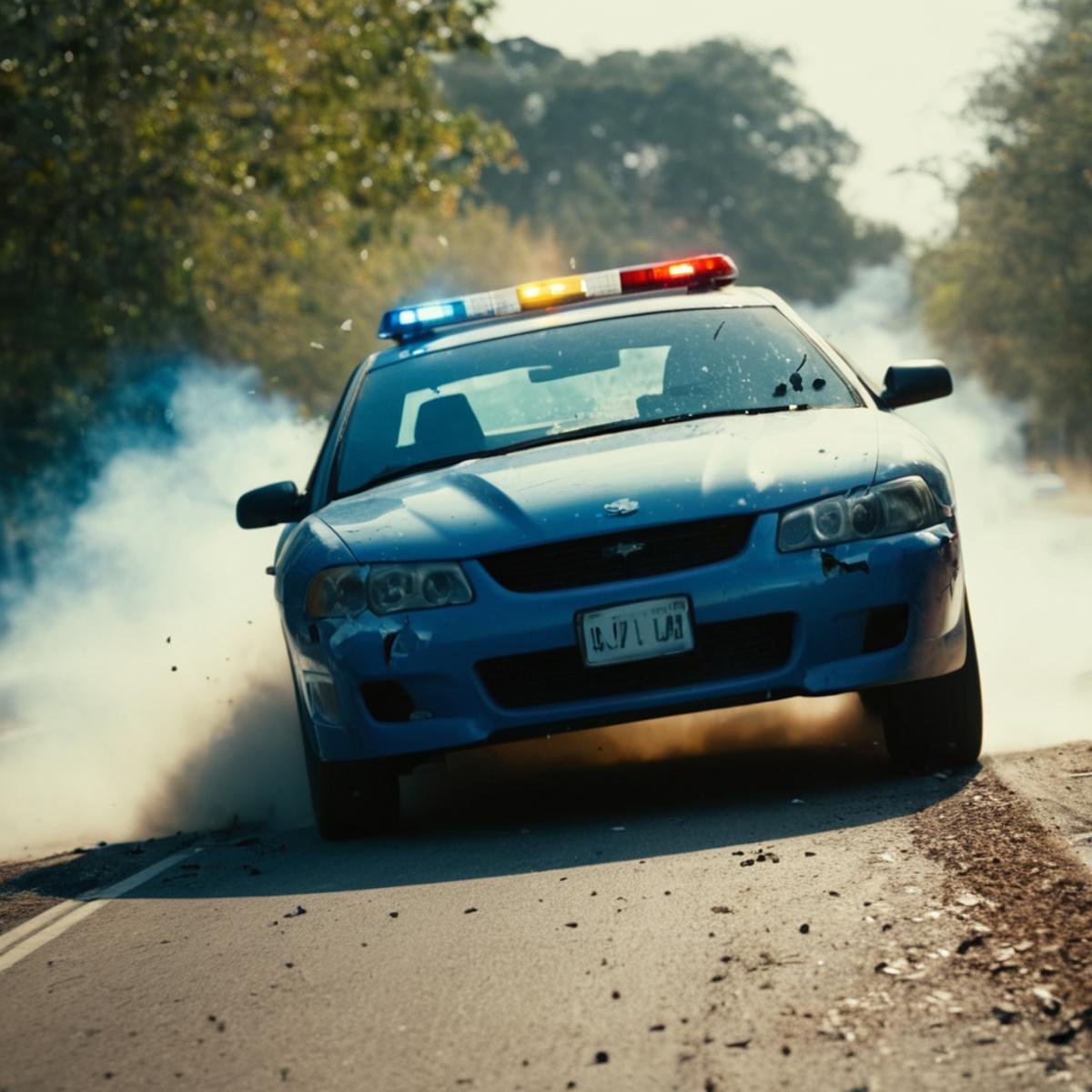 cinematic film still of  <lora:casting shadow style v2:1>a police car is driving down a road,tree,no humans,ground vehicle,motor vehicle,car,vehicle focus,sports car , impact, crash, explosion, destruction, strike, wreck, smash, exploding cars, wrecked cars, cinematic shot, film, different color, real, collision, road rage, sport cars, sports car, car race, dismembering, falling, flying, accident, disaster, cinematic explosion, chaos, disintegration, high speed, vehicle, different sports car, flying debris, Muzzle blast, broken glass, sports car style, shallow depth of field, vignette, highly detailed, high budget, bokeh, cinemascope, moody, epic, gorgeous, film grain, grainy