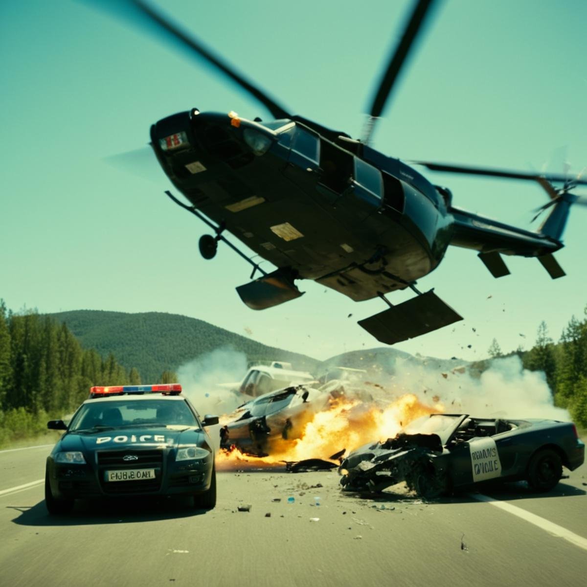 cinematic film still of  <lora:sports car style:1> <lora:Unreal Engine style:0.3>a police car and a helicopter flying over a car,no humans,ground vehicle,motor vehicle,science fiction,motion blur,aircraft,car,vehicle focus,debris,sports car , impact, crash, explosion, destruction, strike, wreck, smash, exploding cars, wrecked cars, cinematic shot, film, different color, real, collision, road rage, sport cars, sports car, car race, dismembering, falling, flying, accident, disaster, cinematic explosion, chaos, disintegration, high speed, vehicle, different sports car, flying debris, Muzzle blast, broken glass, sports car style, shallow depth of field, vignette, highly detailed, high budget, bokeh, cinemascope, moody, epic, gorgeous, film grain, grainy