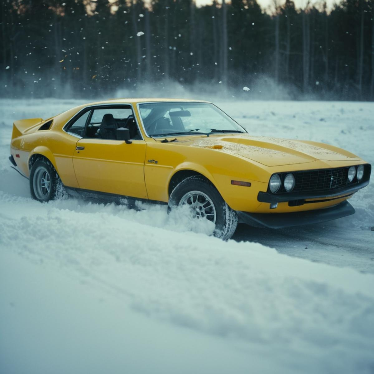 cinematic film still of  <lora:casting shadow style v2:0.9> <lora:Unreal Engine style:0.3>a yellow car that is sitting in the snow,no humans,shadow,ground vehicle,motor vehicle,car,vehicle focus,graffiti,wheel,sports car,tire , impact, crash, explosion, destruction, strike, wreck, smash, exploding cars, wrecked cars, cinematic shot, film, different color, real, collision, road rage, sport cars, sports car, car race, dismembering, falling, flying, accident, disaster, cinematic explosion, chaos, disintegration, high speed, vehicle, different sports car, flying debris, Muzzle blast, broken glass, sports car style, shallow depth of field, vignette, highly detailed, high budget, bokeh, cinemascope, moody, epic, gorgeous, film grain, grainy