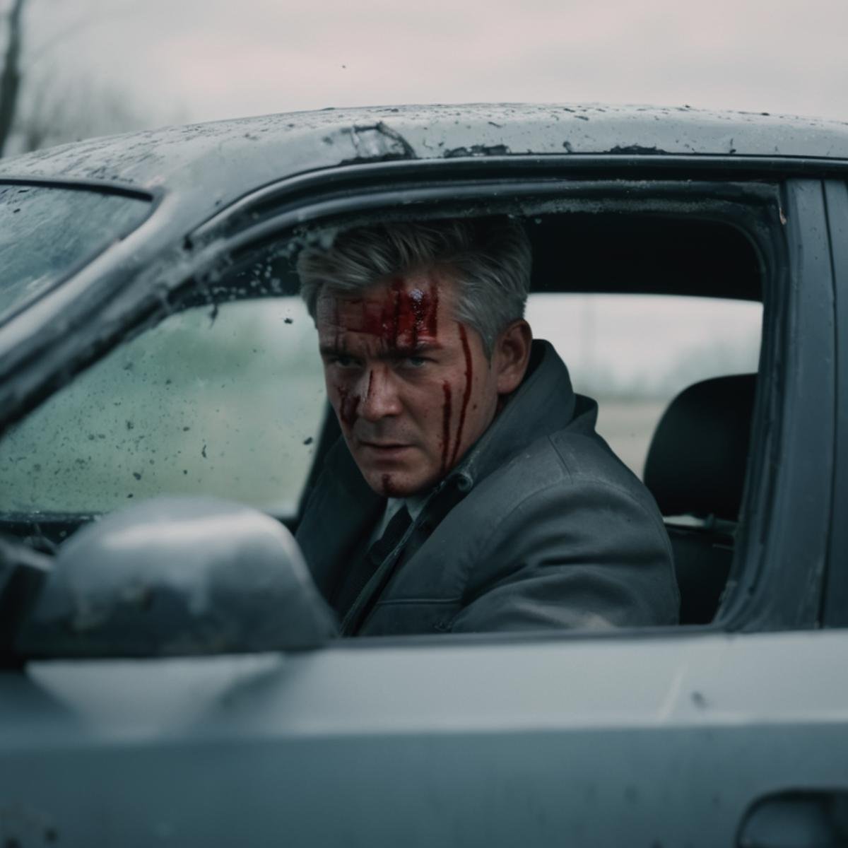 cinematic film still of  <lora:sports car style:1> <lora:Unreal Engine style:0.3>a man with a bloody face driving a car,solo,short hair,1boy,grey hair,male focus,coat,blood,ground vehicle,blood on face,realistic,old,old man,car interior , impact, crash, explosion, destruction, strike, wreck, smash, exploding cars, wrecked cars, cinematic shot, film, different color, real, collision, road rage, sport cars, sports car, car race, dismembering, falling, flying, accident, disaster, cinematic explosion, chaos, disintegration, high speed, vehicle, different sports car, flying debris, Muzzle blast, broken glass, sports car style, shallow depth of field, vignette, highly detailed, high budget, bokeh, cinemascope, moody, epic, gorgeous, film grain, grainy