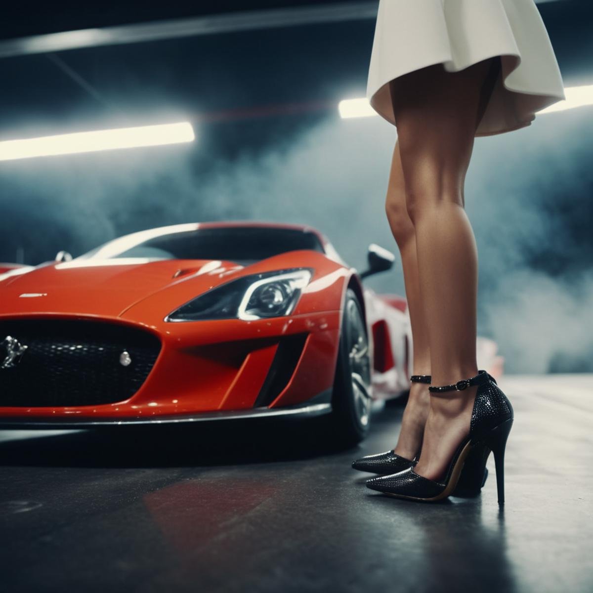 cinematic film still of  <lora:casting shadow style v2:1>a woman in high heels standing next to a racing car, sports car style, shallow depth of field, vignette, highly detailed, high budget, bokeh, cinemascope, moody, epic, gorgeous, film grain, grainy