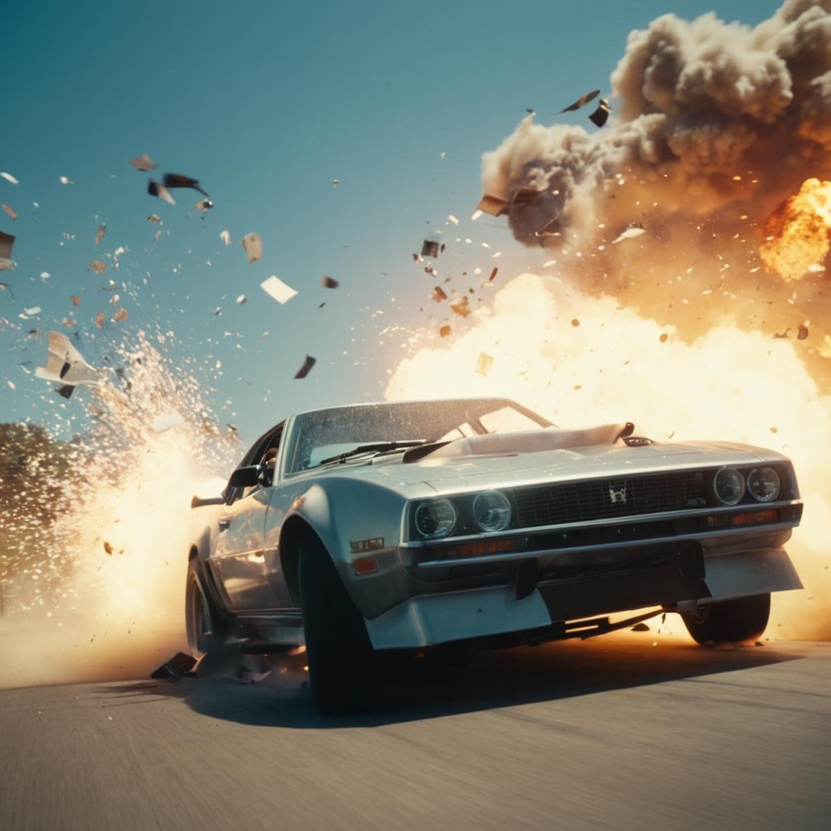 cinematic film still of  <lora:casting shadow style v2:0.9> <lora:Unreal Engine style:0.3>a car is flying down in outerspace:1,no humans,space vehicle,motor vehicle,motion blur,car,explosion,vehicle focus,sports car , impact, crash, explosion, destruction, strike, wreck, smash, exploding cars, wrecked cars, cinematic shot, film, different color, real, collision, road rage, sport cars, sports car, car race, dismembering, falling, flying, accident, disaster, cinematic explosion, chaos, disintegration, high speed, vehicle, different sports car, flying debris, Muzzle blast, broken glass, sports car style, shallow depth of field, vignette, highly detailed, high budget, bokeh, cinemascope, moody, epic, gorgeous, film grain, grainy