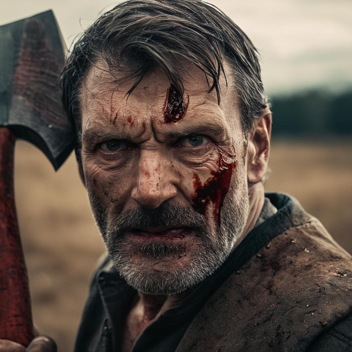 cinematic film still of  <lora:perfection style:0.9> wrinkles:1A perfect photo of a man with a bloody face holding an axe,perfection style, shallow depth of field, vignette, highly detailed, high budget, bokeh, cinemascope, moody, epic, gorgeous, film grain, grainy