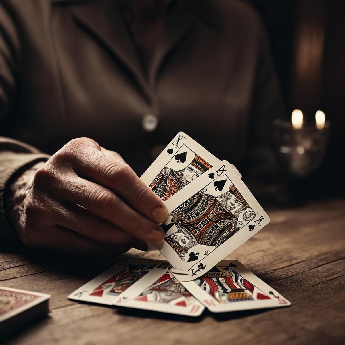 cinematic film still of  <lora:perfection style:0.9> wrinkles:1A perfect photo of a person holding a gun and playing cards, perfection style, shallow depth of field, vignette, highly detailed, high budget, bokeh, cinemascope, moody, epic, gorgeous, film grain, grainy