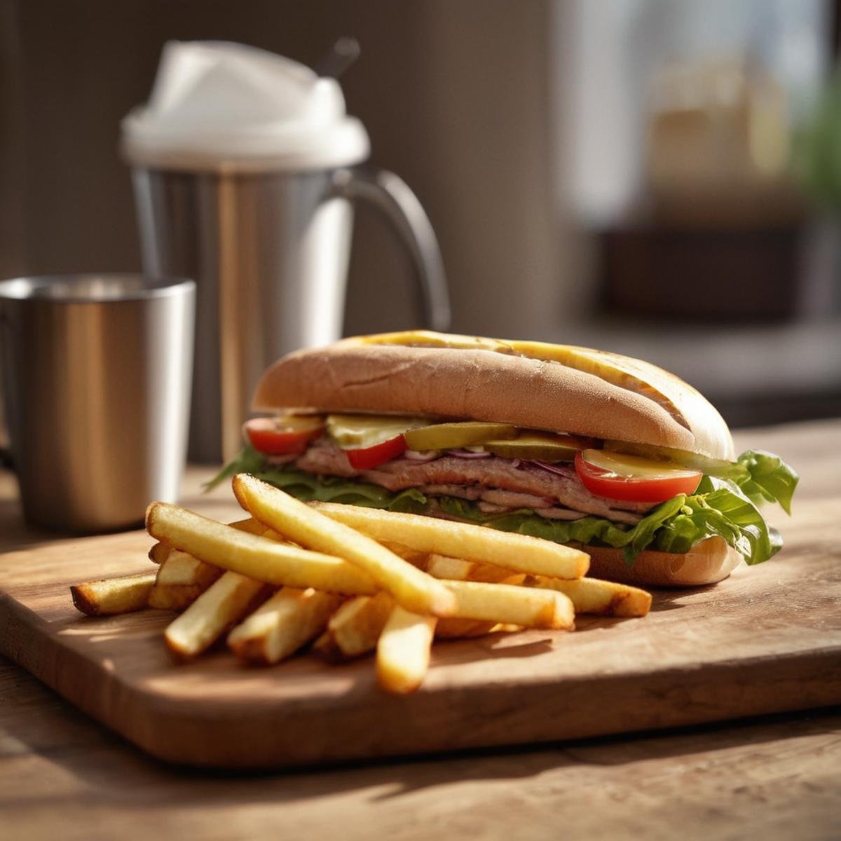 cinematic film still of  <lora:perfection style:0.9> wrinkles:1A perfect photo of a wooden cutting board topped with a sandwich and french fries,food,blurry,cup,no humans,blurry background,phone,table,cellphone,smartphone,plate,realistic,food focus,still life,french fries,napkin , detailed face, detailed body, detailed hands, detailed eyes, detailed nose, detailed ears, detailed hair, detailed, perfection, detailed teeth, detailed skin texture, wrinkly, detailed fingers, detailed mouth, beauty, realism, real, detailed hair, detailed pores, detailed background, sharp image, detailed lips, different race, different color, different haircut, different skin tone, different, different people, different pose, perfection style, shallow depth of field, vignette, highly detailed, high budget, bokeh, cinemascope, moody, epic, gorgeous, film grain, grainy