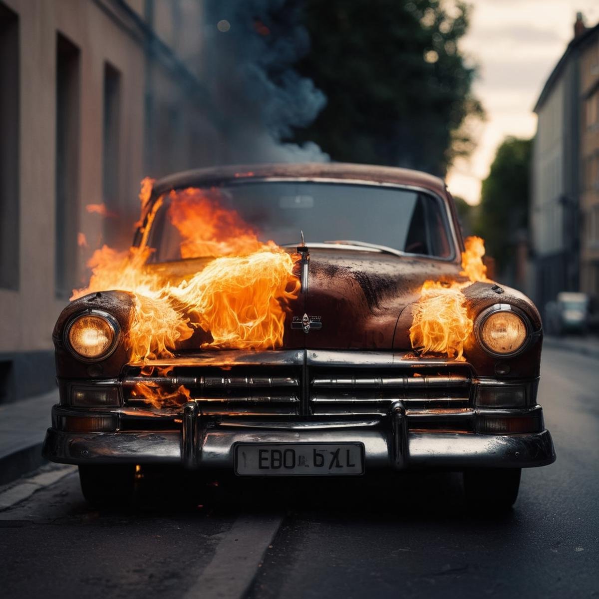 cinematic film still of  <lora:perfection style:0.9> wrinkles:1A perfect photo of a car is on fire in a street, perfection style, shallow depth of field, vignette, highly detailed, high budget, bokeh, cinemascope, moody, epic, gorgeous, film grain, grainy