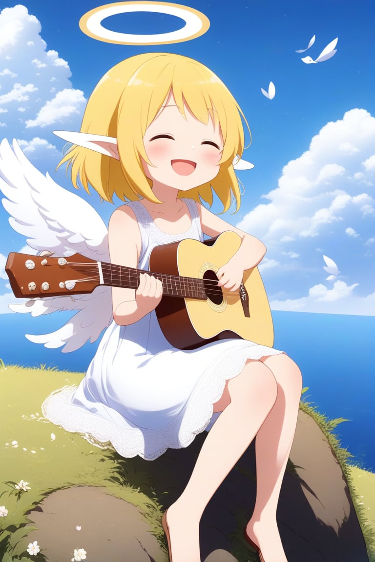 1girl, looking at viewer, blue sky, happy, blue sky, cloudy, sitting top of hill, playing acoustic guitar, yellow hair, sundress, closed eyes, white feather wings, feather, halo