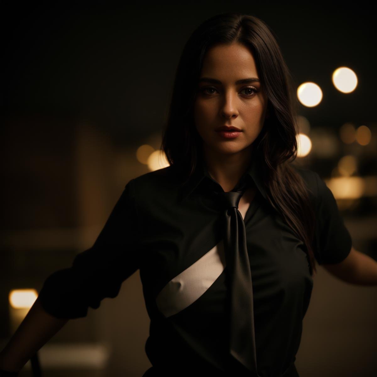 cinematic film still of  <lora:detailed style SD1.5:0.6> <lora:Hand v3 SD1.5:0.1> <lora:perfection style SD1.5:0.8>A perfect photo of a magma film star woman with a black shirt and a tie, shallow depth of field, vignette, highly detailed, high budget, bokeh, cinemascope, moody, epic, gorgeous, film grain, grainy