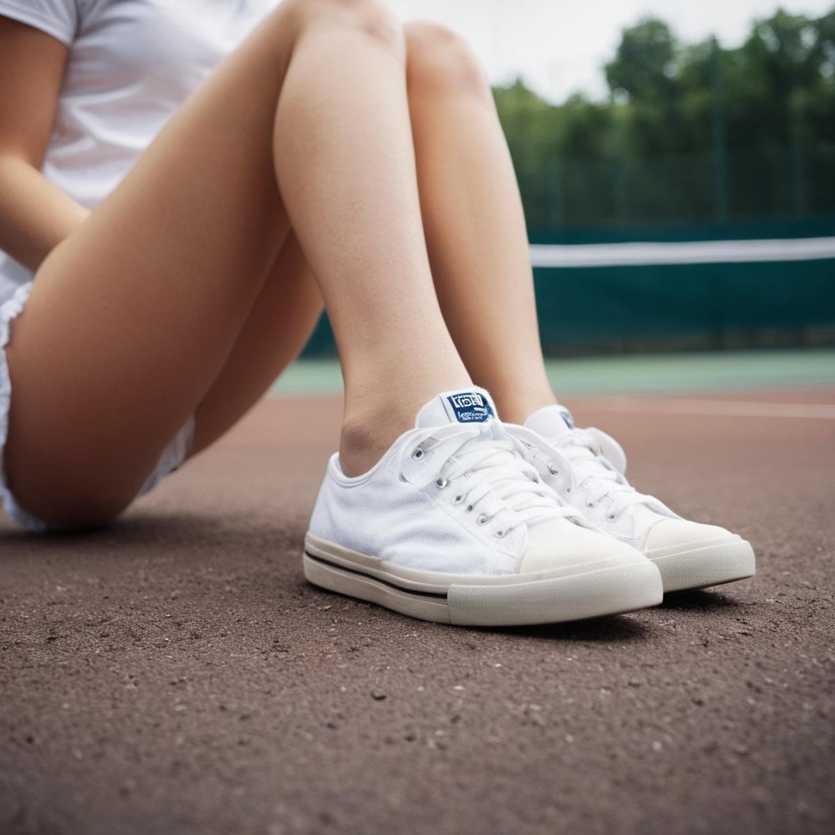 cinematic film still of <lora:feet foot v3:0.8>A perfect detailed photo of a tennis player woman laying on the ground with her sneakersfeet up,foot focus,cinematic feet,best feet,better Feet,awesome Feet,different Feet,1girl,solo,short hair,open mouth,blonde hair,shirt,dress,underwear,panties,white shirt,ass,short sleeves,lying,shoes,socks,on back,white panties,blurry,legs,blurry background,headband,white footwear,white socks,sneakers,legs up,realistic,perfect style,perfection style,detailed style,perfect style,perfection style,detailed style , detailed background, perfect background, feet style, foot style, shallow depth of field, vignette, highly detailed, high budget, bokeh, cinemascope, moody, epic, gorgeous, film grain, grainy