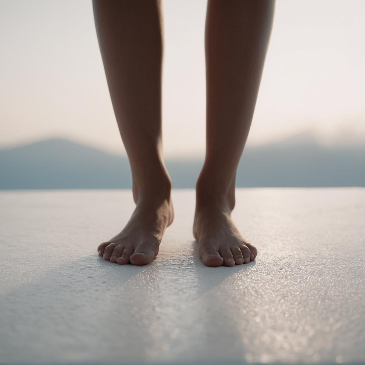 cinematic film still of  <lora:feet v3:0.6>A perfect detailed photo of a person with bare feet standing on a white surface, shallow depth of field, vignette, highly detailed, high budget, bokeh, cinemascope, moody, epic, gorgeous, film grain, grainy