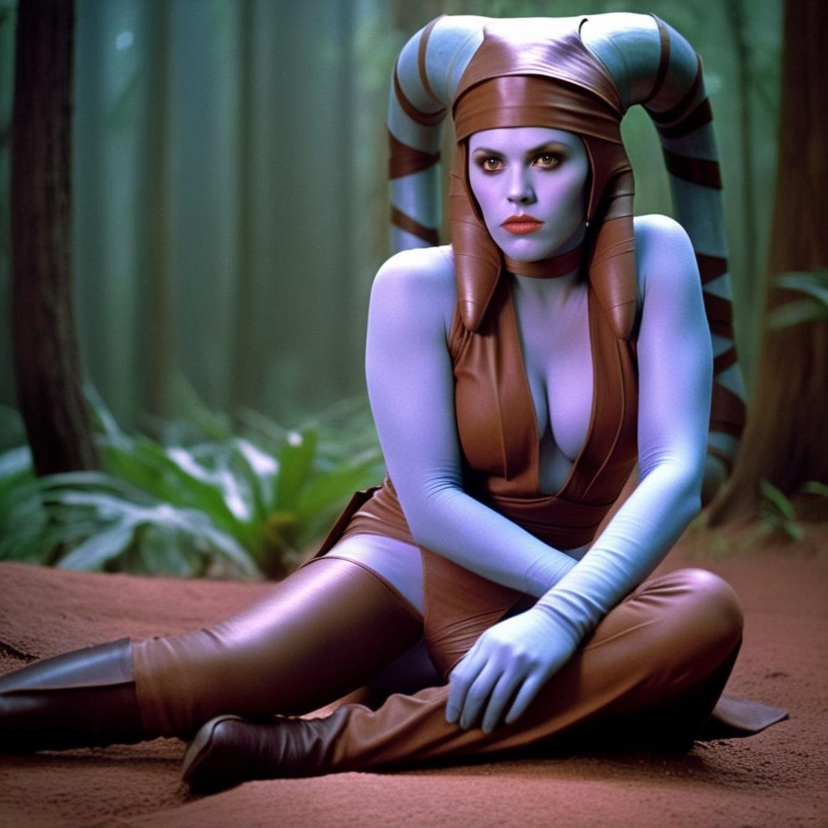 cinematic film still of <lora:Aayla Secura:1.5>Aayla Secura a blue skin color naked breasts woman in a brown outfit is sitting on the ground In Star Wars Universe, shallow depth of field, vignette, highly detailed, high budget, bokeh, cinemascope, moody, epic, gorgeous, film grain, grainy