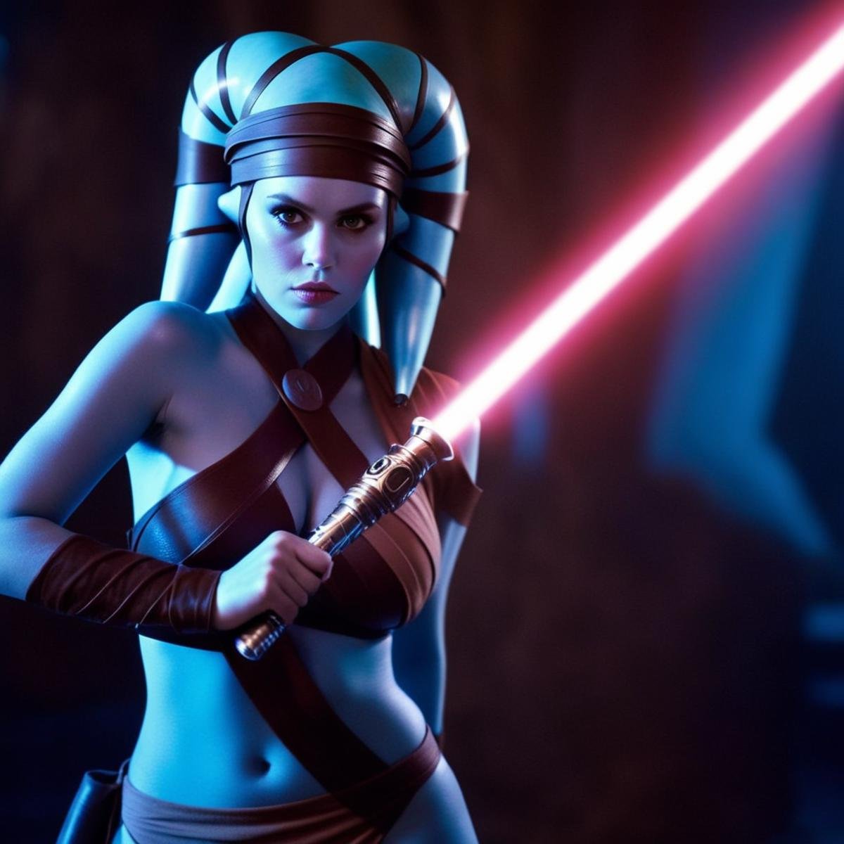 cinematic film still of <lora:Aayla Secura:1.5>Aayla Secura a blue skin color woman in a bikini outfit holding a light saber In Star Wars Universe, shallow depth of field, vignette, highly detailed, high budget, bokeh, cinemascope, moody, epic, gorgeous, film grain, grainy