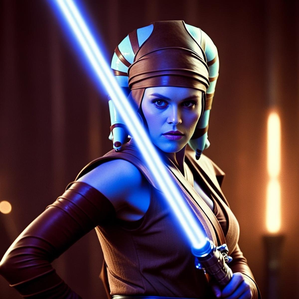 cinematic film still of <lora:Aayla Secura:1.5>Aayla Secura a blue skin color woman in a star wars outfit holding a light saber sword In Star Wars Universe, shallow depth of field, vignette, highly detailed, high budget, bokeh, cinemascope, moody, epic, gorgeous, film grain, grainy