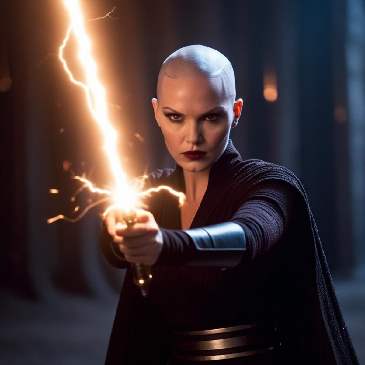 cinematic film still of  <lora:Asajj Ventress:1.2>Asajj Ventress a woman in a black dress is holding a lightning bolt with electric lighting sparks In Star Wars Universe, shallow depth of field, vignette, highly detailed, high budget, bokeh, cinemascope, moody, epic, gorgeous, film grain, grainy