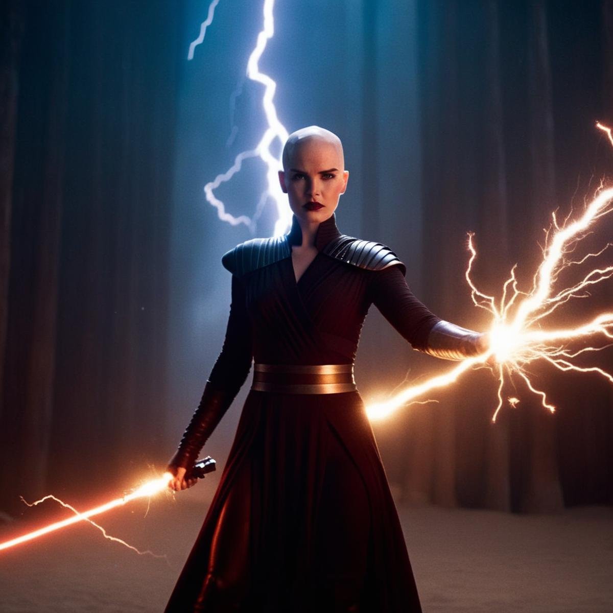 cinematic film still of  <lora:Asajj Ventress:1.2>Asajj Ventress a woman in a black dress is holding a lightning bolt with electric lighting sparks In Star Wars Universe, shallow depth of field, vignette, highly detailed, high budget, bokeh, cinemascope, moody, epic, gorgeous, film grain, grainy