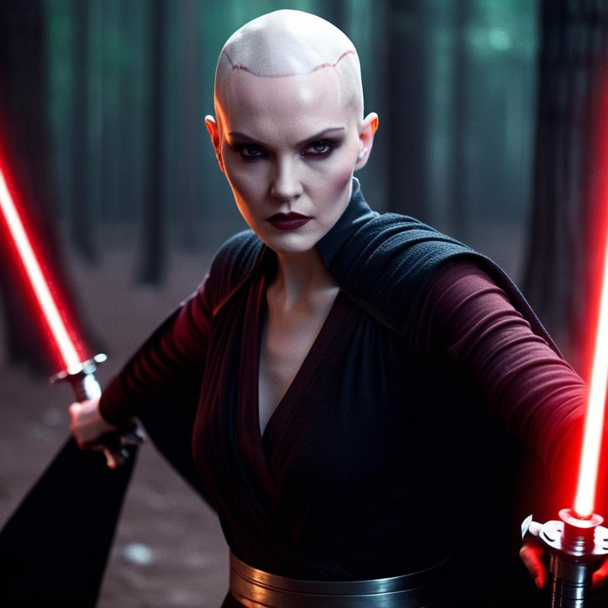 cinematic film still of  <lora:Asajj Ventress:1>Asajj Ventress a bald woman with two red lightsaber swords in her two hands In Star Wars Universe, shallow depth of field, vignette, highly detailed, high budget, bokeh, cinemascope, moody, epic, gorgeous, film grain, grainy