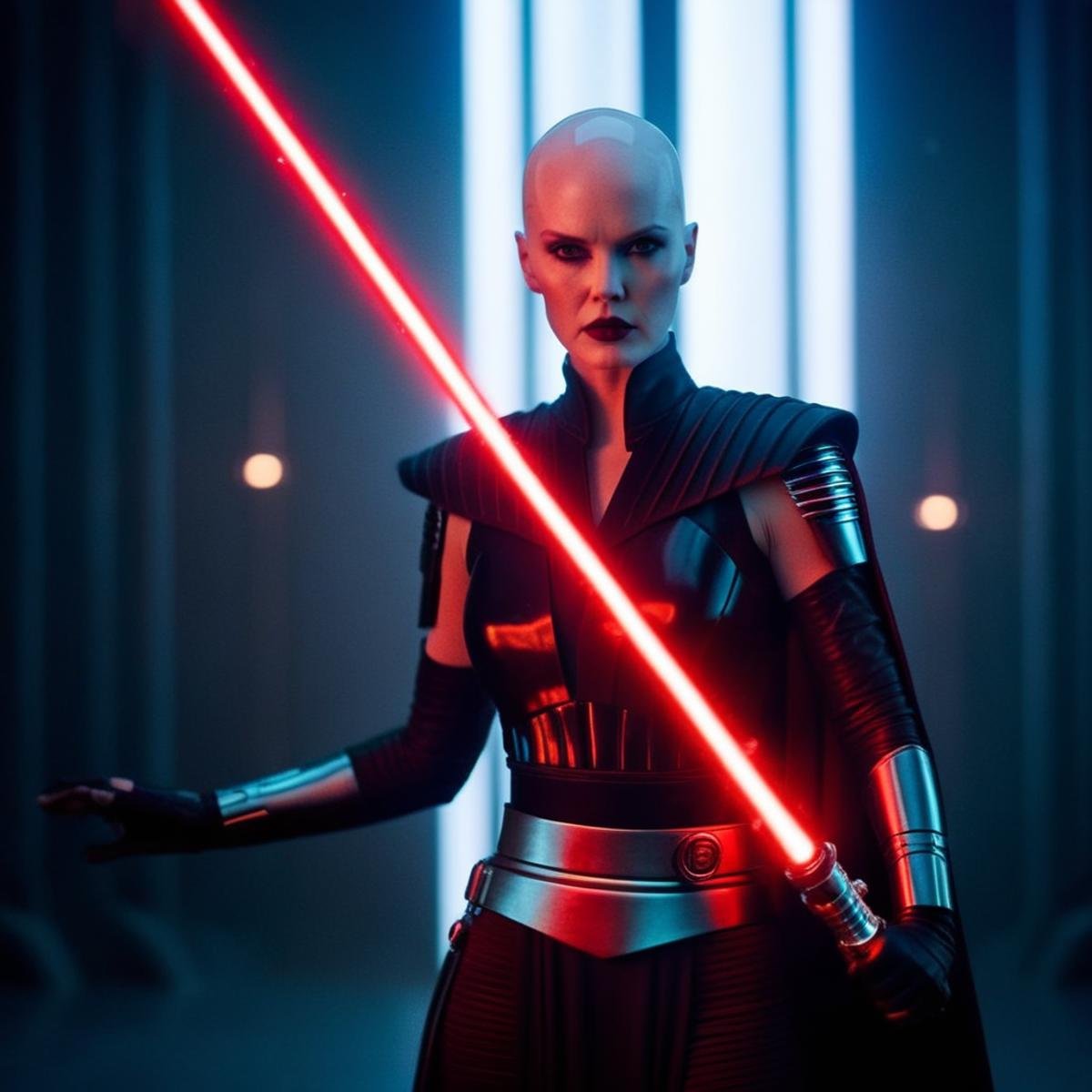 cinematic film still of  <lora:Asajj Ventress:1.2>Asajj Ventress a woman in a futuristic suit with a red light saber In Star Wars Universe, shallow depth of field, vignette, highly detailed, high budget, bokeh, cinemascope, moody, epic, gorgeous, film grain, grainy