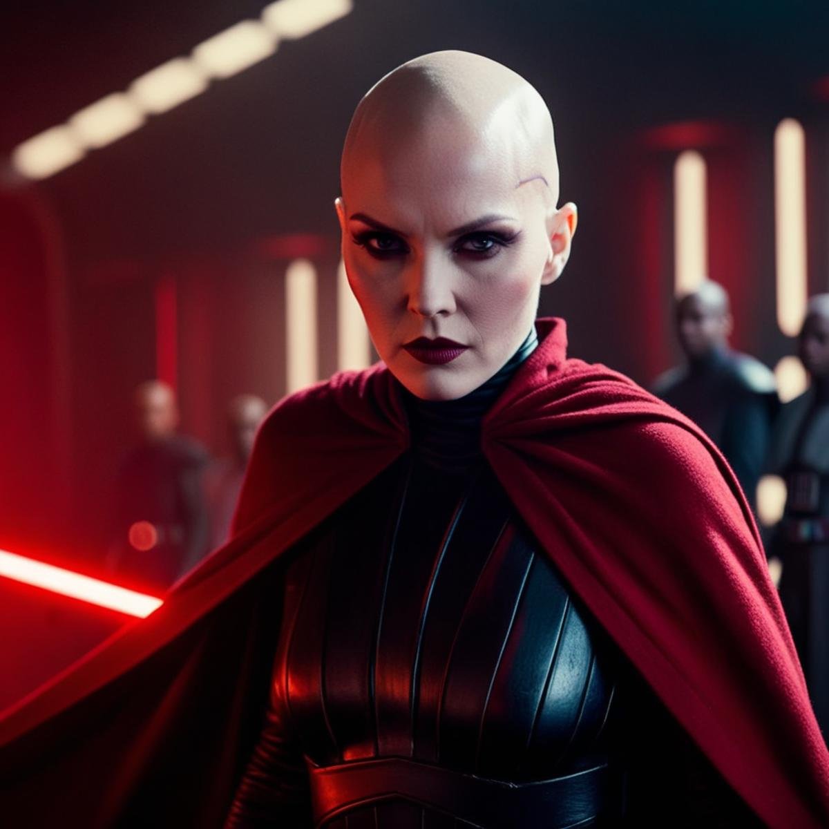 cinematic film still of  <lora:Asajj Ventress:1.2>Asajj Ventress a bald woman with a red costume and a black cape In Star Wars Universe, shallow depth of field, vignette, highly detailed, high budget, bokeh, cinemascope, moody, epic, gorgeous, film grain, grainy