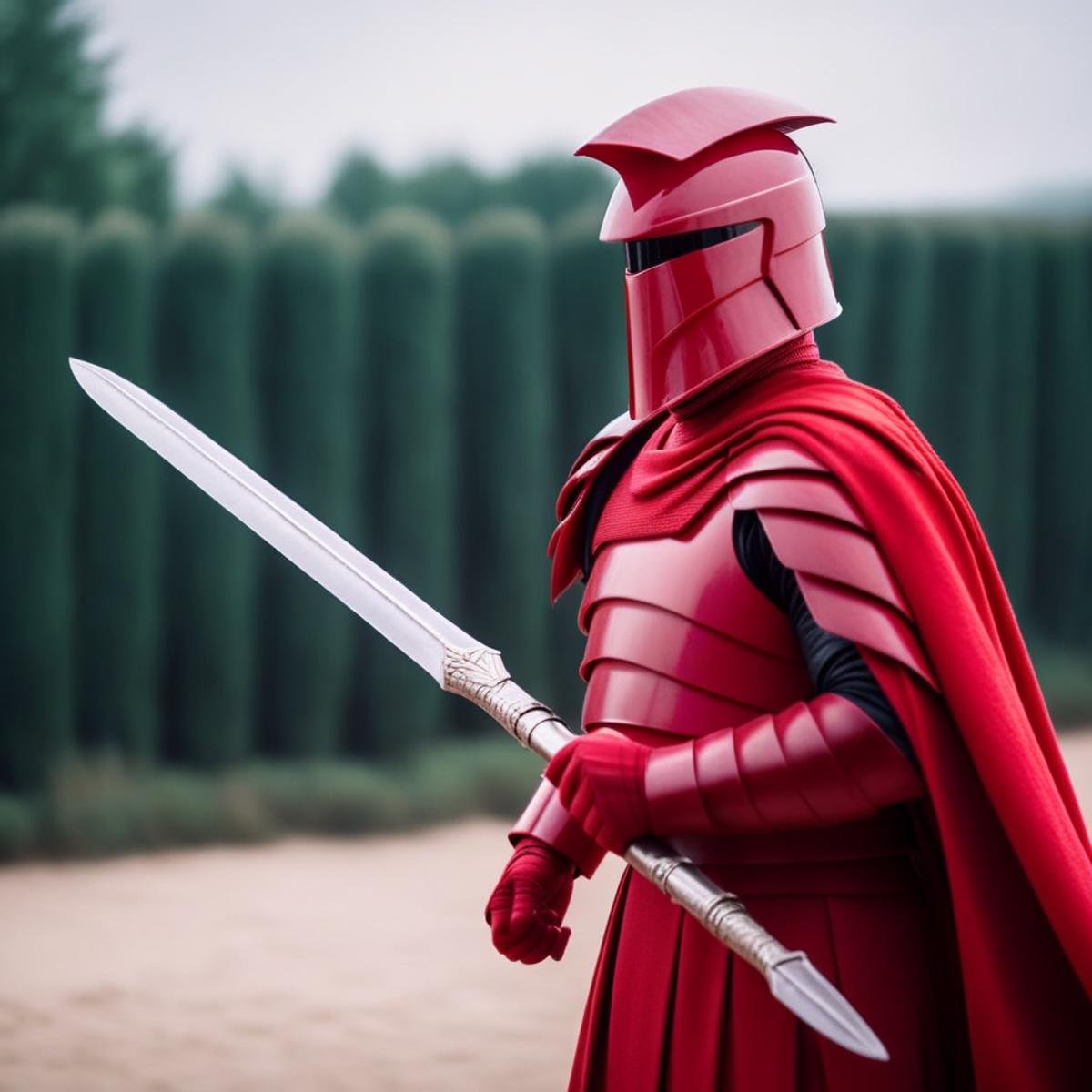 cinematic film still of  <lora:Elite Praetorian Guard:1.5>Elite Praetorian Guard a man in a red cape holding a large pike, shallow depth of field, vignette, highly detailed, high budget, bokeh, cinemascope, moody, epic, gorgeous, film grain, grainy