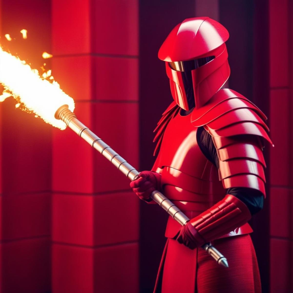 cinematic film still of  <lora:Elite Praetorian Guard:1.5>Elite Praetorian Guard a man in a red suit holding a voulge weapon with fire in the background, shallow depth of field, vignette, highly detailed, high budget, bokeh, cinemascope, moody, epic, gorgeous, film grain, grainy