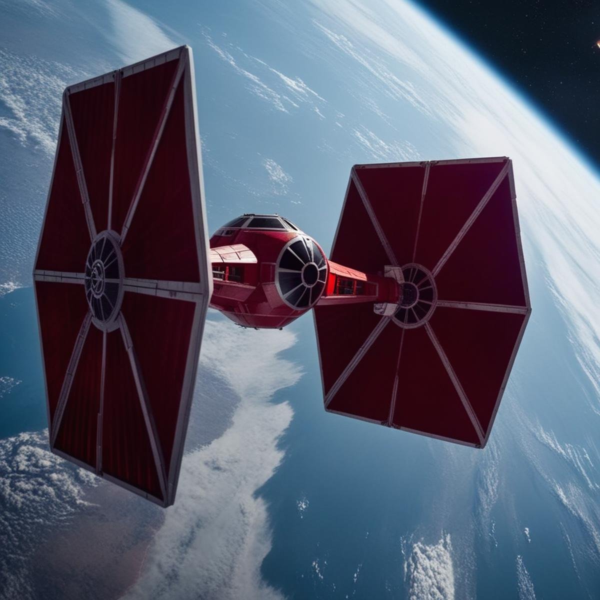 cinematic film still of  <lora:Crimson Guard:1>Crimson Guard an elite red crimson color star wars tie fighter flying over the earth Star Wars Universe, shallow depth of field, vignette, highly detailed, high budget, bokeh, cinemascope, moody, epic, gorgeous, film grain, grainy