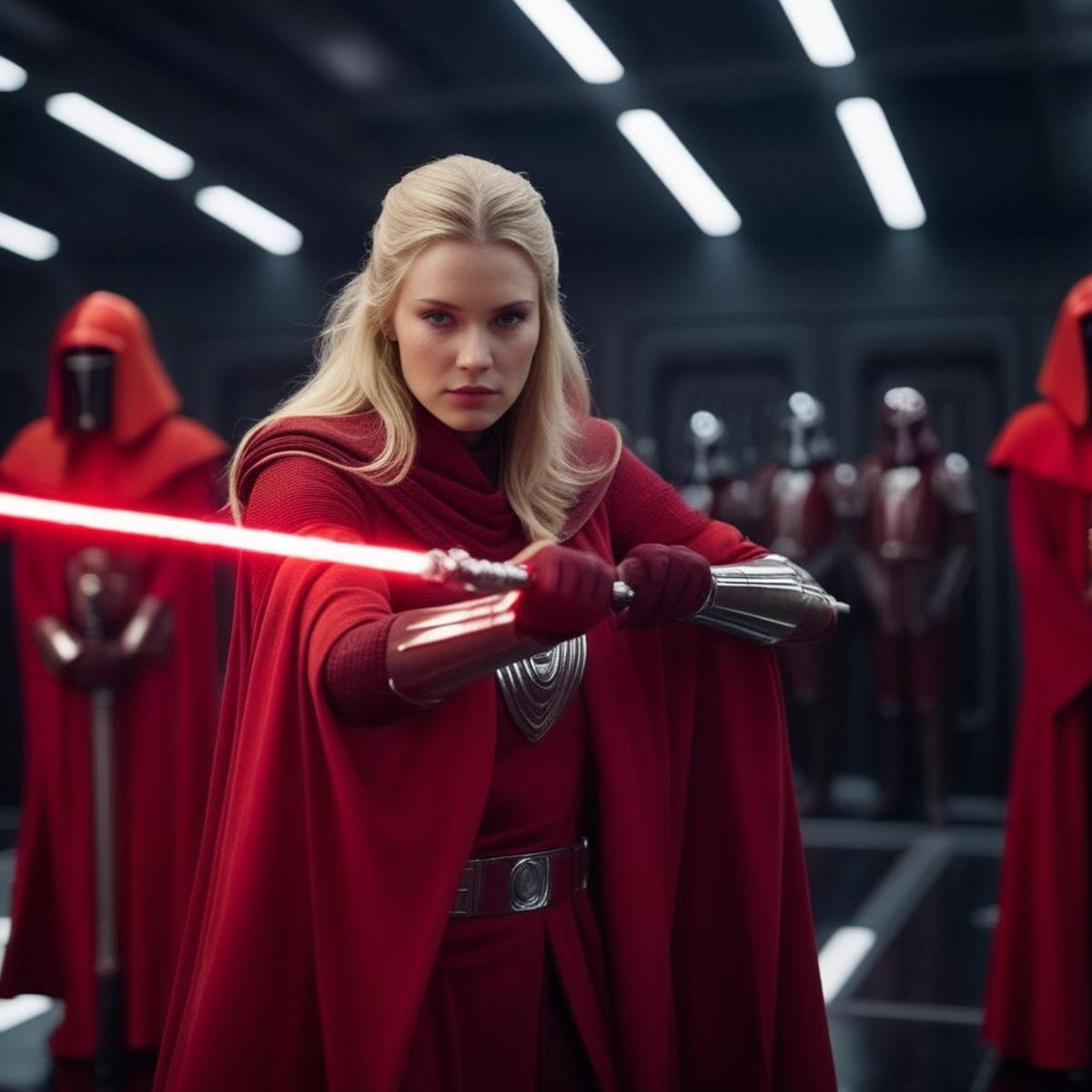 cinematic film still of  <lora:Crimson Guard:1.5>Crimson Guard a blonde woman in a red robe and armor and force pike with dark background Star Wars Universe, shallow depth of field, vignette, highly detailed, high budget, bokeh, cinemascope, moody, epic, gorgeous, film grain, grainy