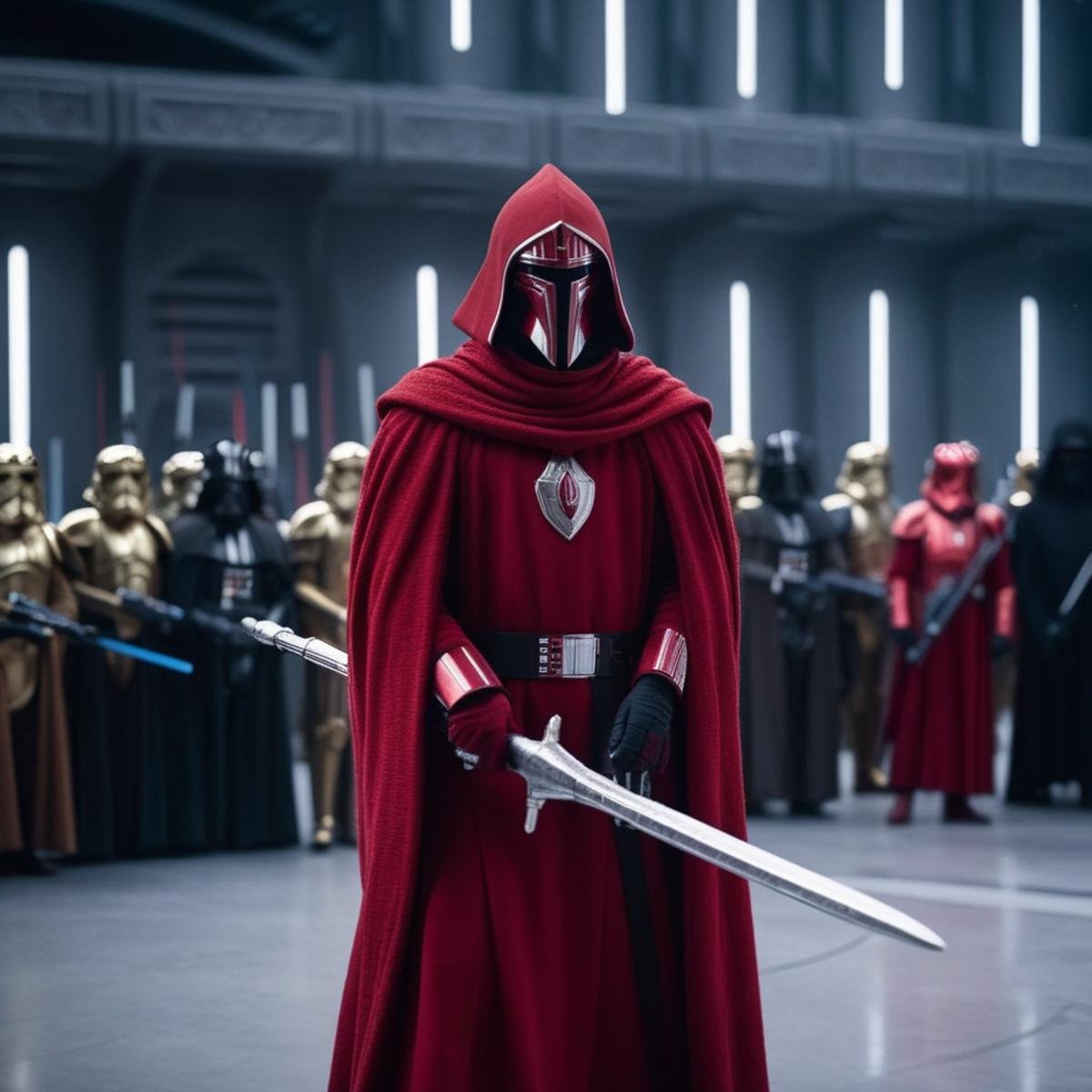 cinematic film still of  <lora:Crimson Guard:1>Crimson Guard a man in a red robe and armor holding a pike Star Wars Universe, shallow depth of field, vignette, highly detailed, high budget, bokeh, cinemascope, moody, epic, gorgeous, film grain, grainy