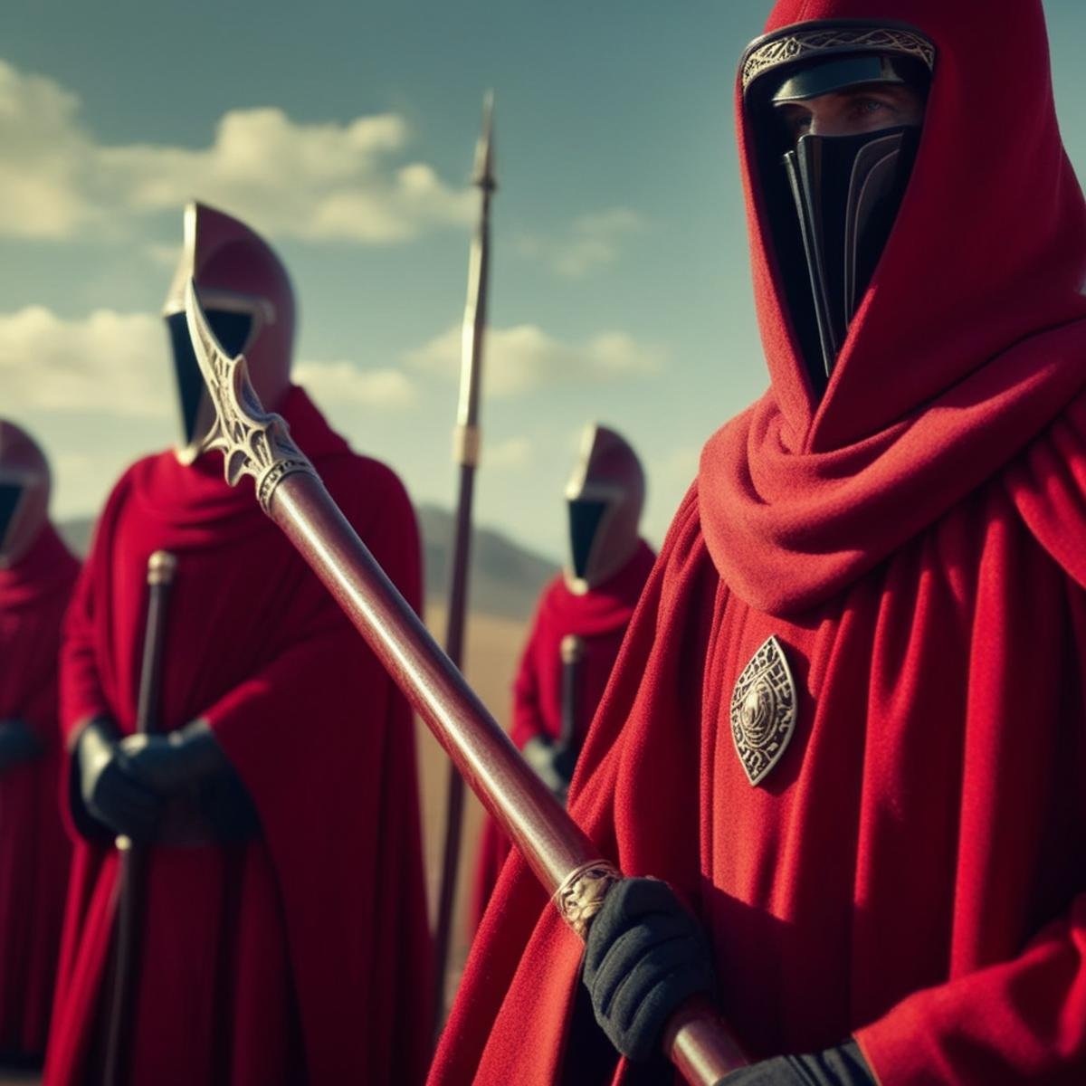 cinematic film still of  <lora:Crimson Guard:1.5>Crimson Guard a person in a red robe holding a pike, shallow depth of field, vignette, highly detailed, high budget, bokeh, cinemascope, moody, epic, gorgeous, film grain, grainy