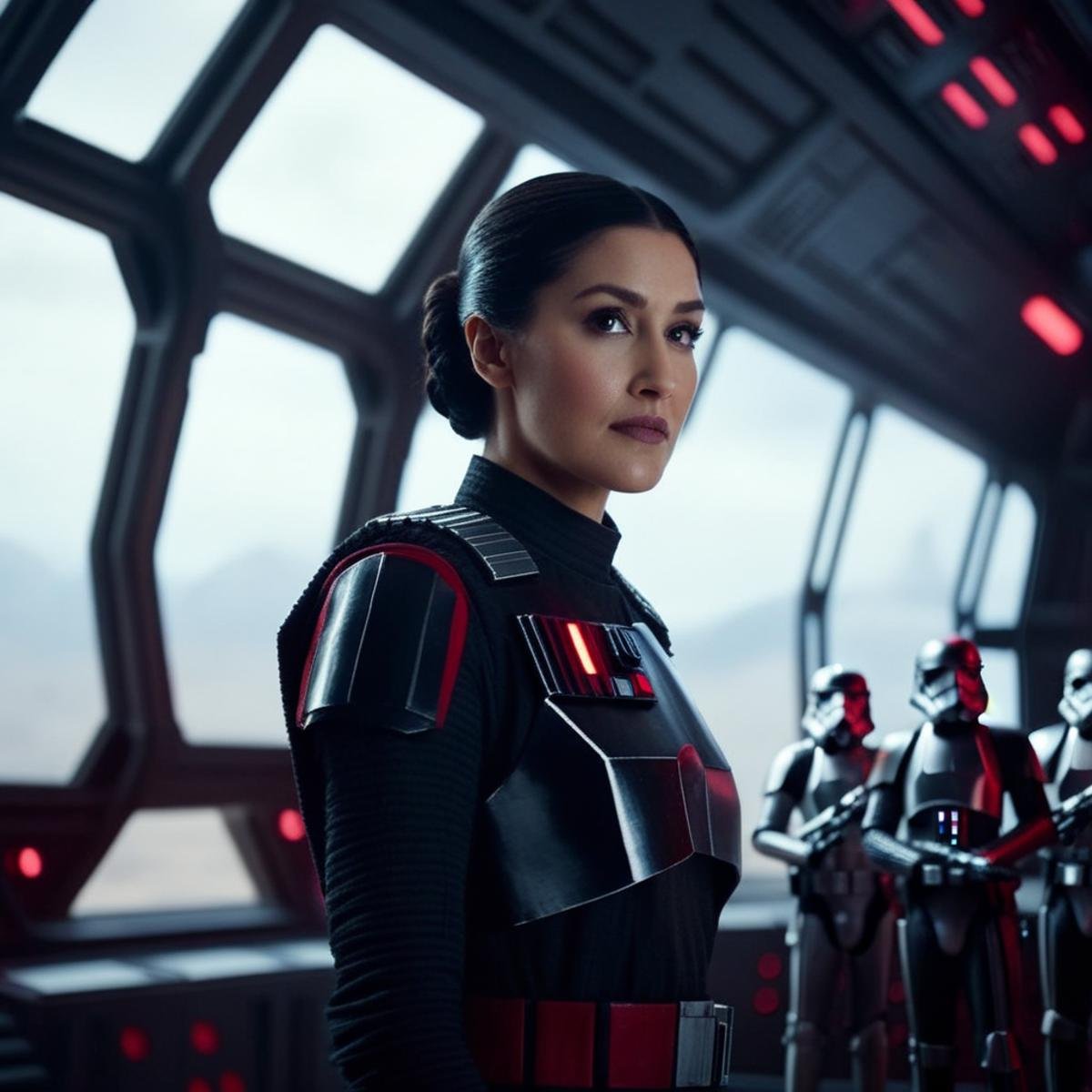 cinematic film still of  <lora:Iden Versio:1.2>Iden Versio a woman in a star wars outfit standing in front of a window with tie fighters in background in outerspace In Star Wars Universe, shallow depth of field, vignette, highly detailed, high budget, bokeh, cinemascope, moody, epic, gorgeous, film grain, grainy