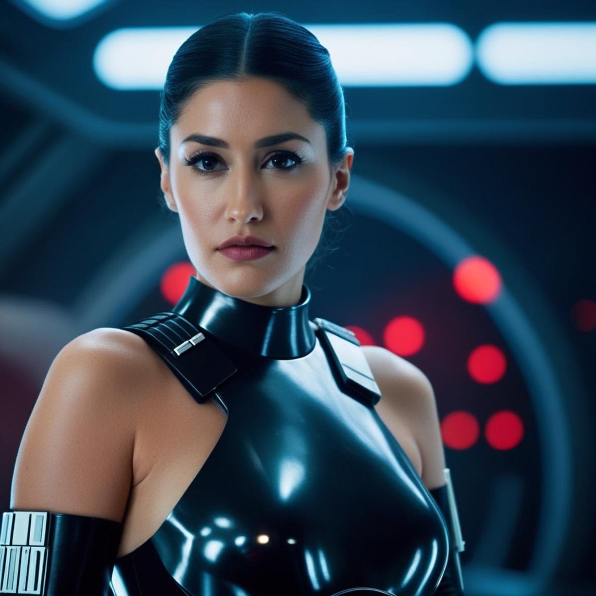 cinematic film still of  <lora:Iden Versio:1.2>Iden Versio a naked breasts woman in a futuristic outfit with a big breast In Star Wars Universe, shallow depth of field, vignette, highly detailed, high budget, bokeh, cinemascope, moody, epic, gorgeous, film grain, grainy